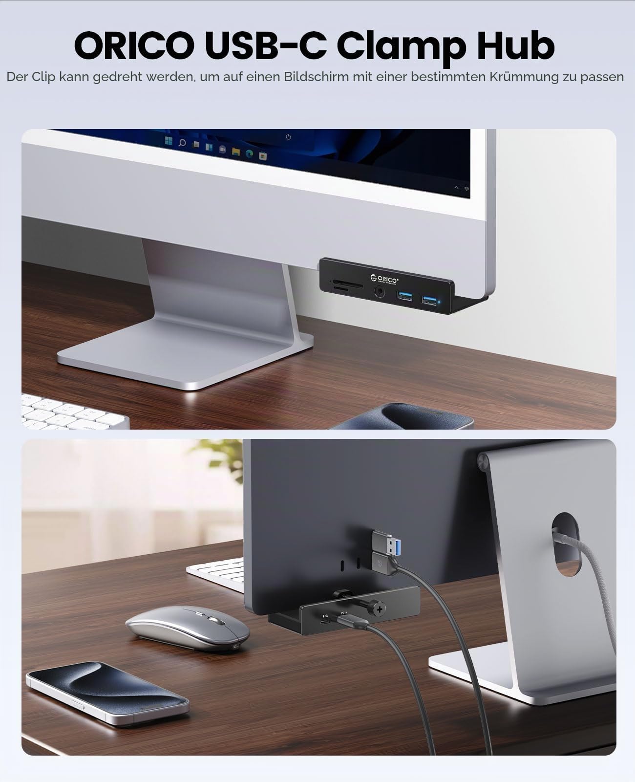 ORICO Clip-Typ USB Hub mit SD/TF Kartenleser, 5 in 1 USB Hub 3.0 mit 2 Typ A 3.0 Ports, 3.5 mm Audio, 5Gbps USB Verteiler mit 5V Stromversorgungsanschluss, Für Monitore, Desktop