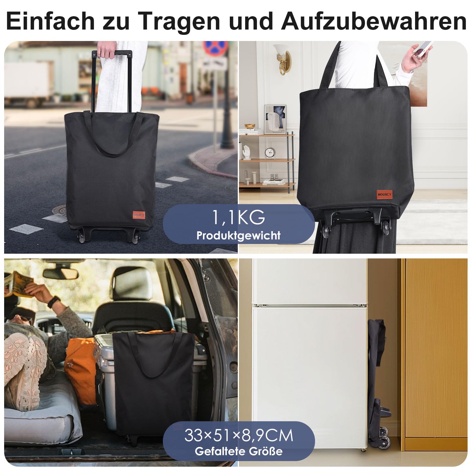 MOONCY 2-in-1 Einkaufstrolley, 30L Große Einkaufstasche auf Rollen, Leichter Einkaufswagen Klappbar für Camping und Reisen, Inklusive Einkaufswagenlöser, Schwarz
