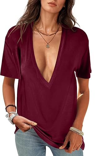 UNCLECAT Womens Deep V-Neck T Shirts Sexy Short Sleeve Tops