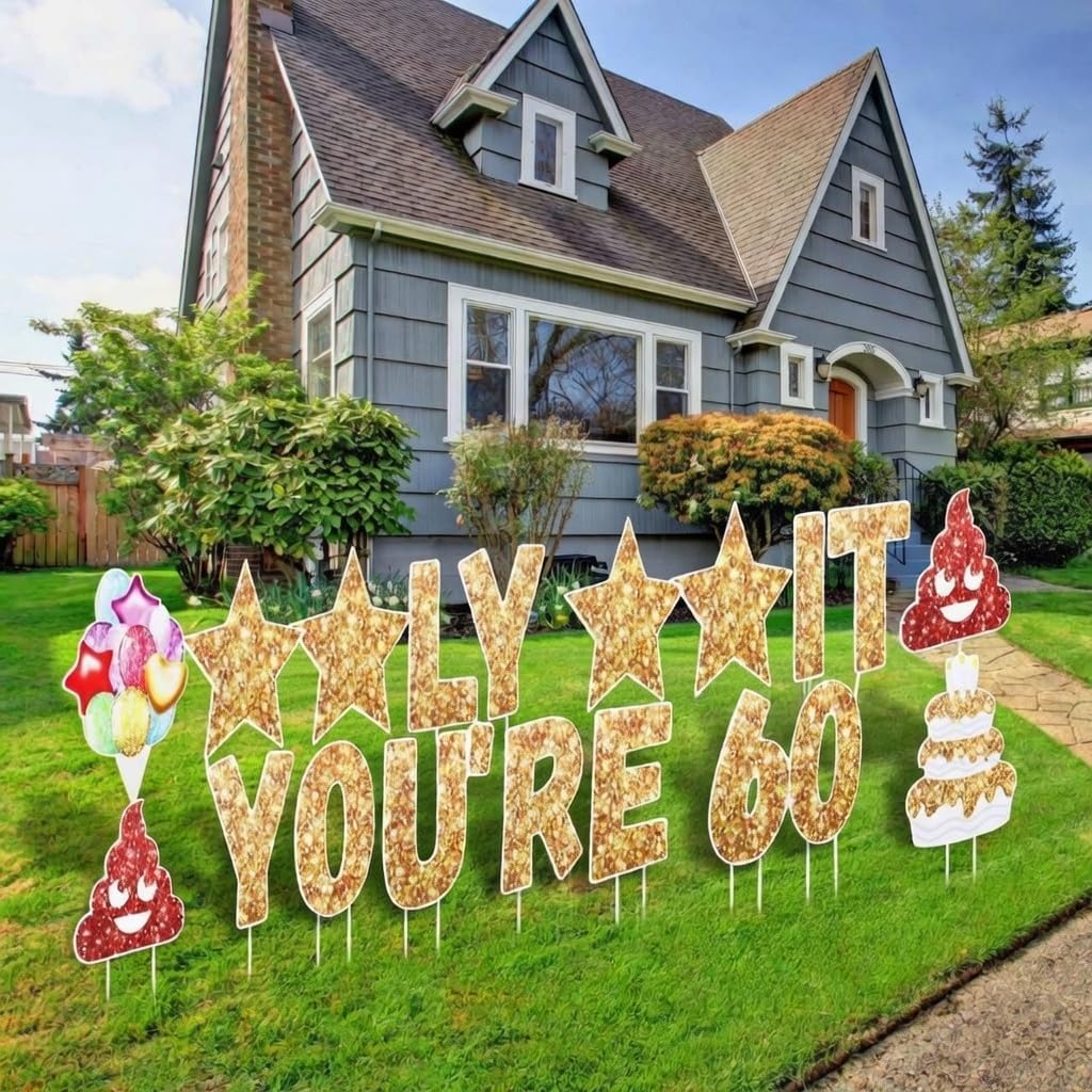 Breling 20 Pcs 60th You're 60 Banner, Holy Shit Birthday Decorations Banner for Women Men, Happy Birthday Yard Signs with Stakes, 12 Inches Outdoor Lawn Signs, Patio Decorations