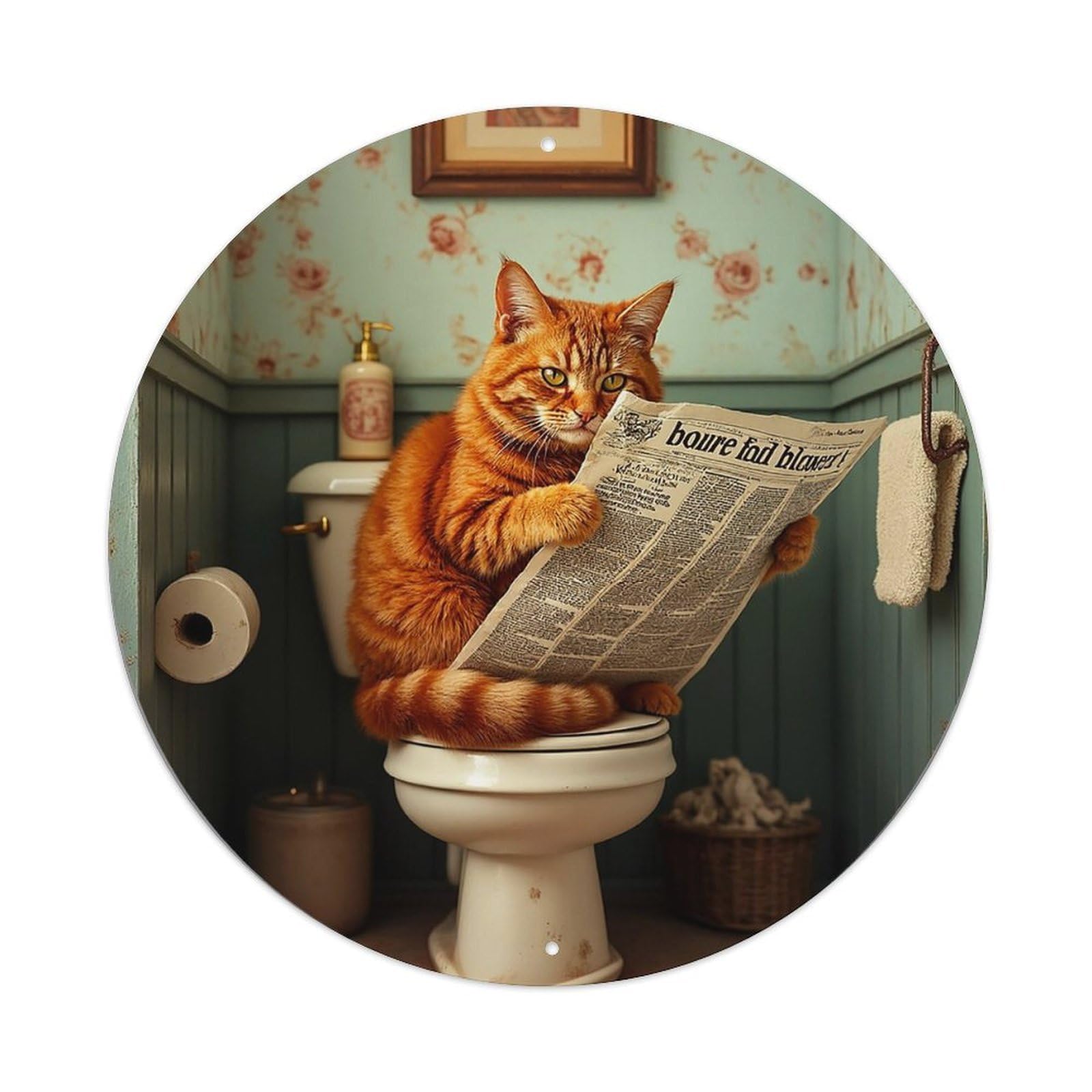 Orange Tabby Cat Reading Newspaper Vintage Metal Tin Sign Retro Wall Decor for Home Bar Garage Cafe, Indoor & Outdoor Decorative，circle Metal Poster, 8x8 Inch