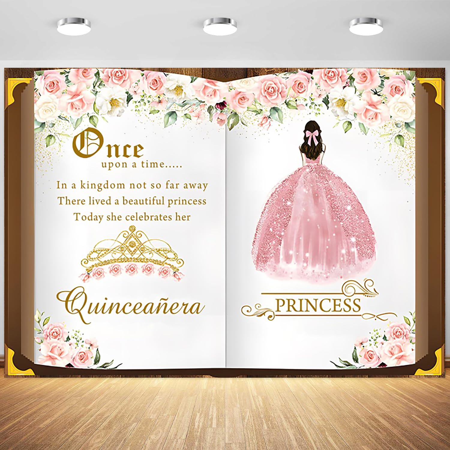7x5ft Once Upon a Time Quinceanera Backdrop Pink Flowers Princess Fairytale Birthday Photography Background Girls 15th Birthday Party Cake Table