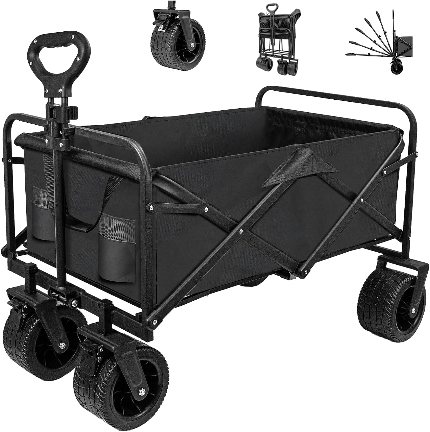 Heavy Duty Collapsible Wagon with All-Terrain 10cm Wheels,Load 330Lbs,Portable 150 Liter Large Capacity Beach Wagon,for Garden Outdoor Camping Beach Sports,Grocery Cart, Adjustable Handle (Big)