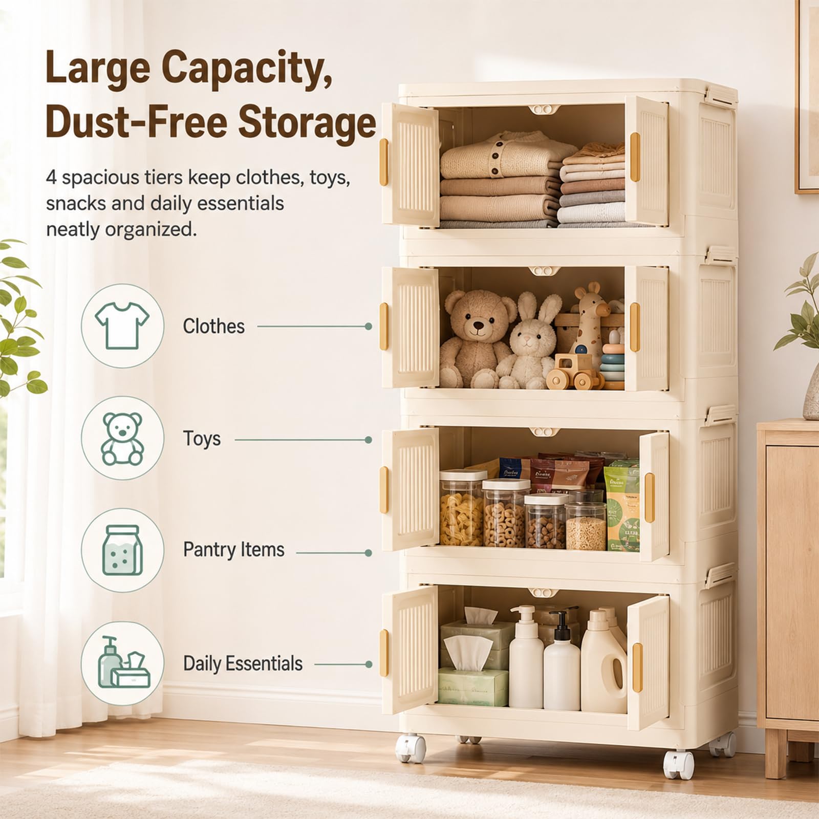 Caja de almacenamiento con tapa de 4 niveles, armario apilable con ruedas plegable, cajas de almacenamiento para dormitorio y cocina, organizador móvil de plástico crema, 45 x 27 x 89 cm