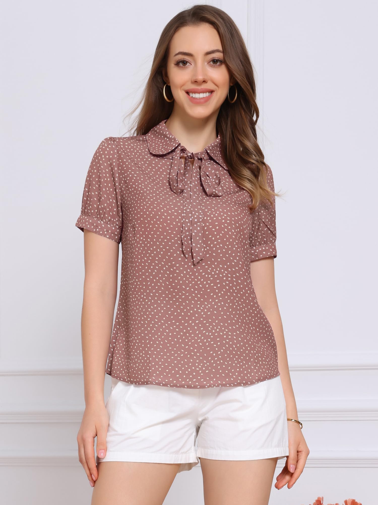 Allegra K Damen Polka Dots Oberteil Kurzarm Bubikragen Krawatten Ausschnitt Chiffon Punkte Top Bluse