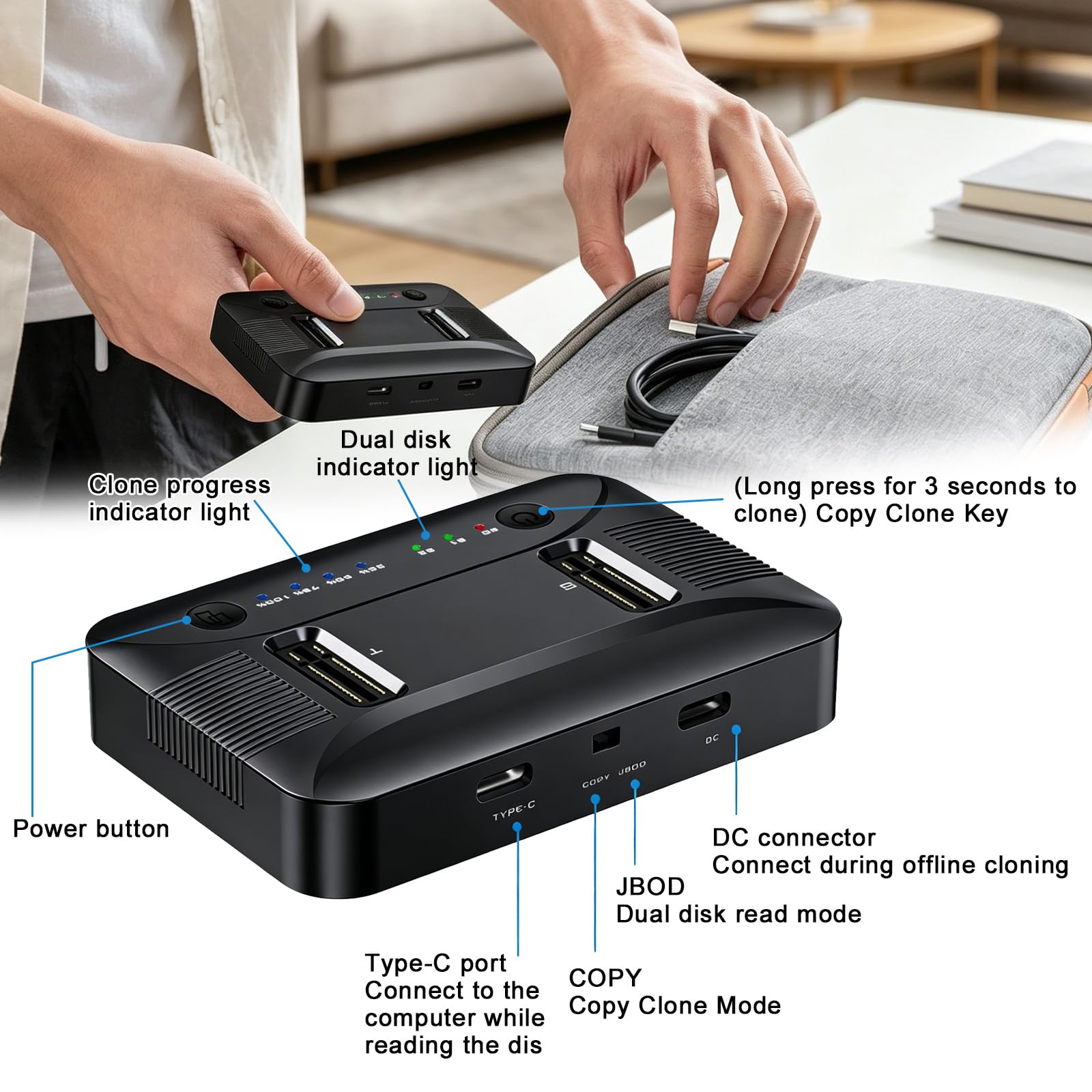 M.2 NVMe SATA SSD Clone Dock, USB 3.2 Gen 2x2 20Gbps Dual Bay M2 NVMe SSD Case Docking Station Reader Duplicator con Clonazione Offline Hard Disk Docking Station Clone Station per 2230/2242/2260/2280