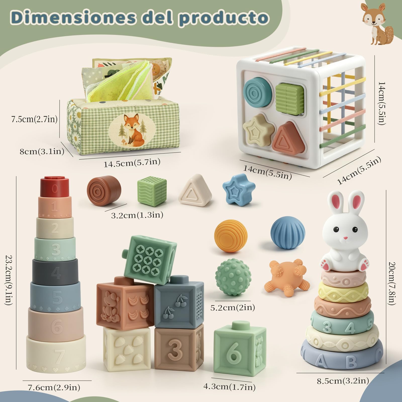 Anook Juguetes Montessori Bebes 6-12 Meses,6 en 1 Juguetes Bebe 6 8 9 Meses | Juguetes Sensoriales,Caja Pañuelos Bebe,Juguete Apilables,Caja de Clasificación,Pelotas Sensoriales,Regalo Bebe 6-12 Meses