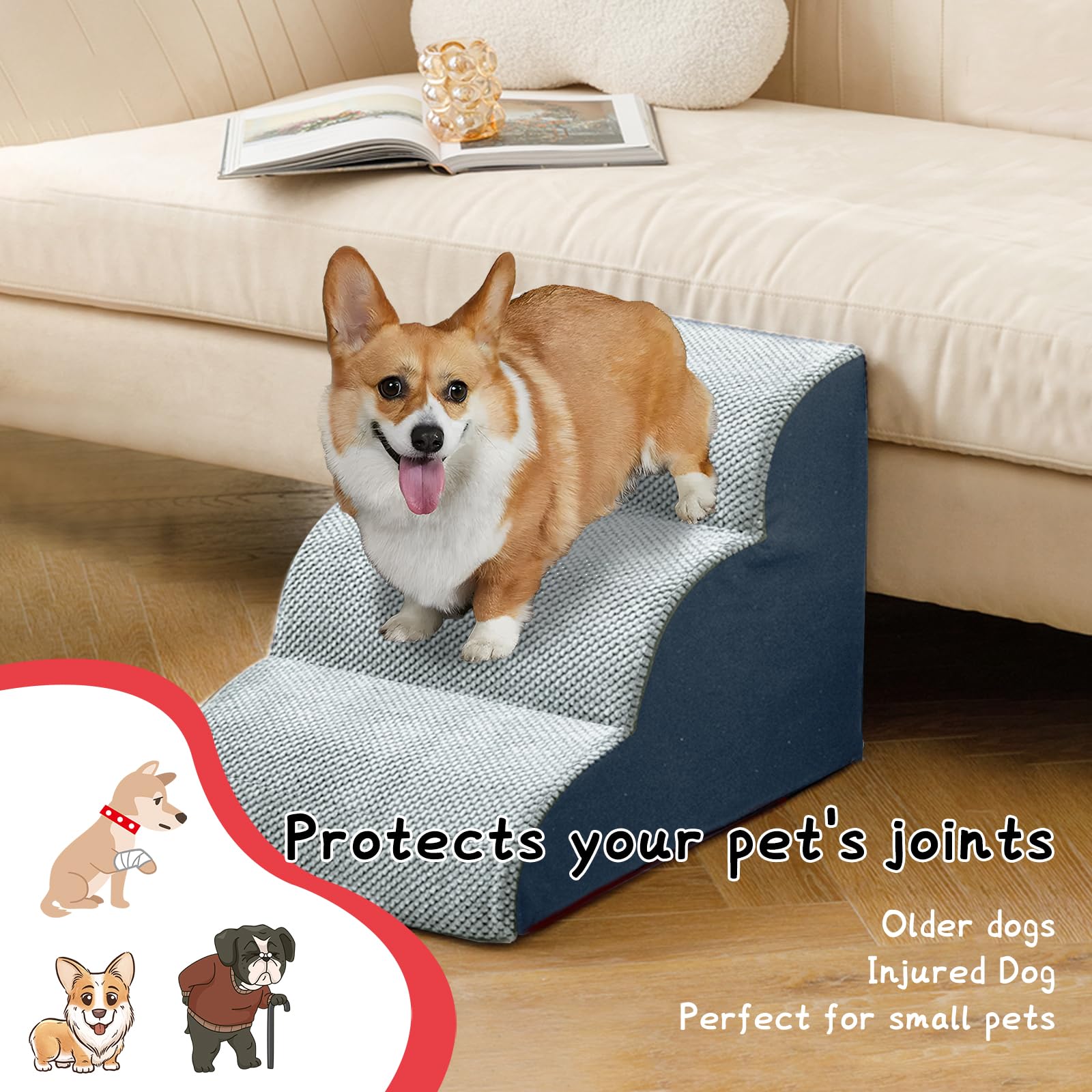 Dog Stairs for Small Dogs, 3 Tiers IP67 Waterproof Dog Steps for High Bed, Non-Slip Stable Dog Ramp for Car, Pet Stairs to Bed with Washable Fabric Cover