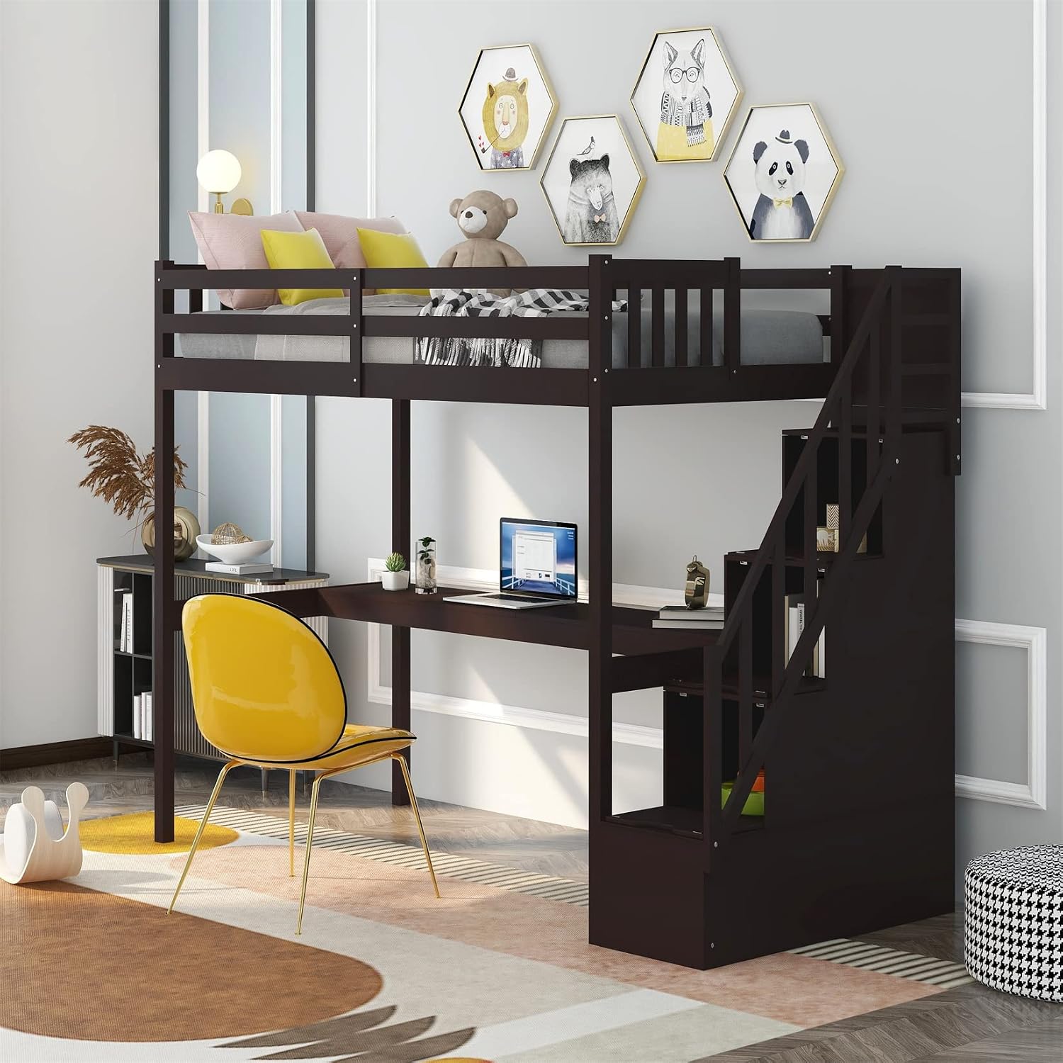 Bellemave Twin Loft Bed with Desk and Storage Wood Loft Bed Frame with Staircase Storage Loft Bed for Kids Boys Girls Teens, Espresso