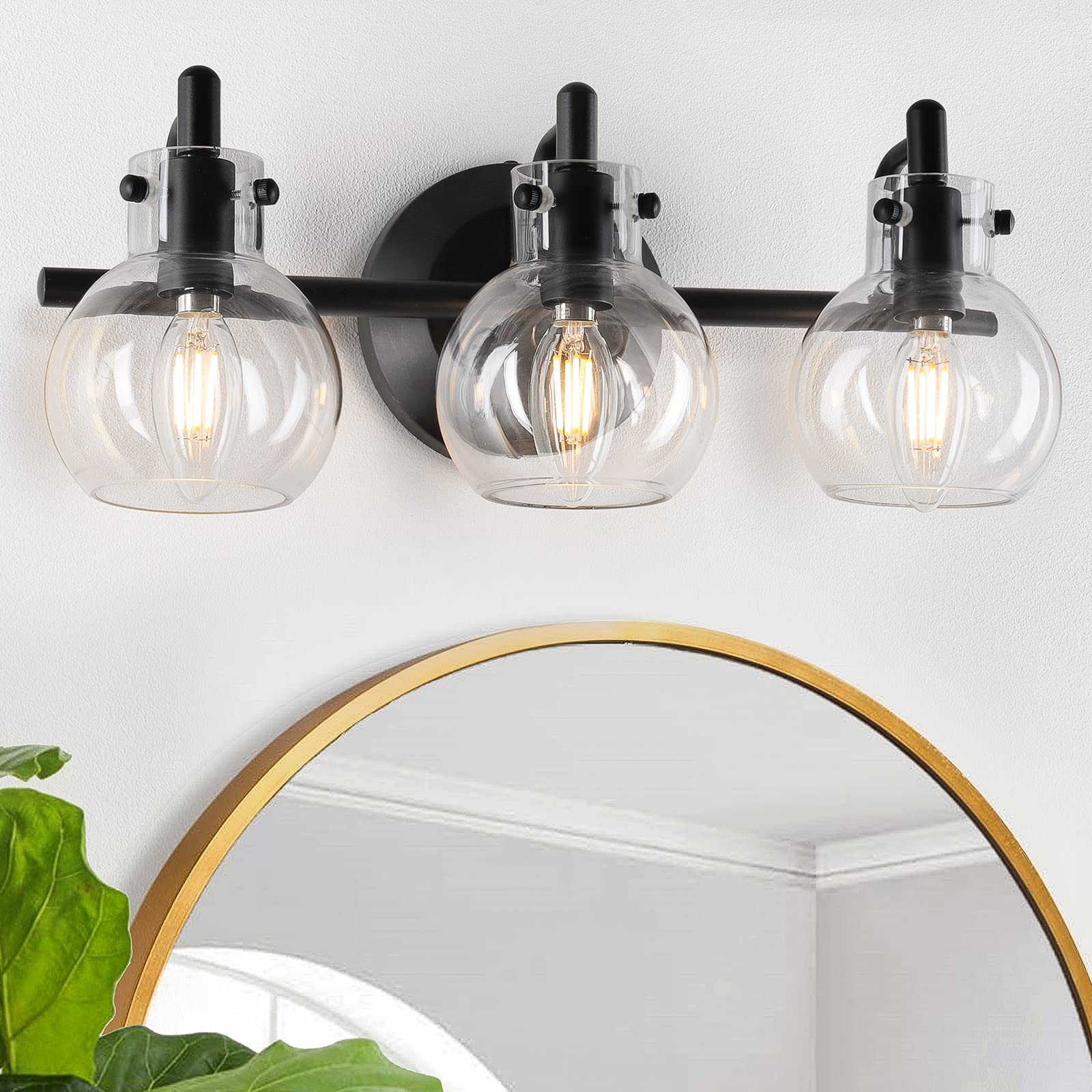 Bathroom Vanity Light Fixtures, Modern 3 Lights Wall Sconce Lighting Matte Black, Farmhouse Metal Wall Lamp with Globe Glass Shade, Porch Wall Mount Light Fixture for Mirror Cabinets Hallway Stairs