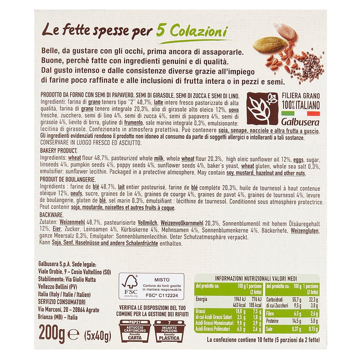 Galbusera BelleBuone 5 Colazioni Fette Spesse con Semi di Papavero, Girasole, Zucca e Lino 200g [CAIYA® BOX da 8 Confezioni]