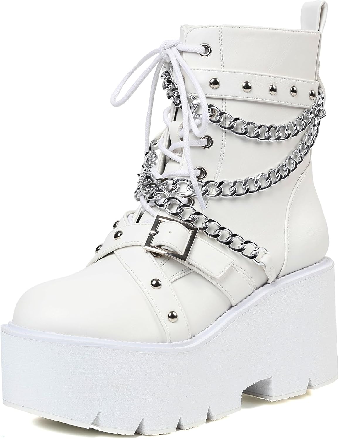 mikarka Women's Chain Platform Boots Lace Up & Zipper Chunky Heel Black Combat Ankle Booties Fashion Studded Motorcycle Boots