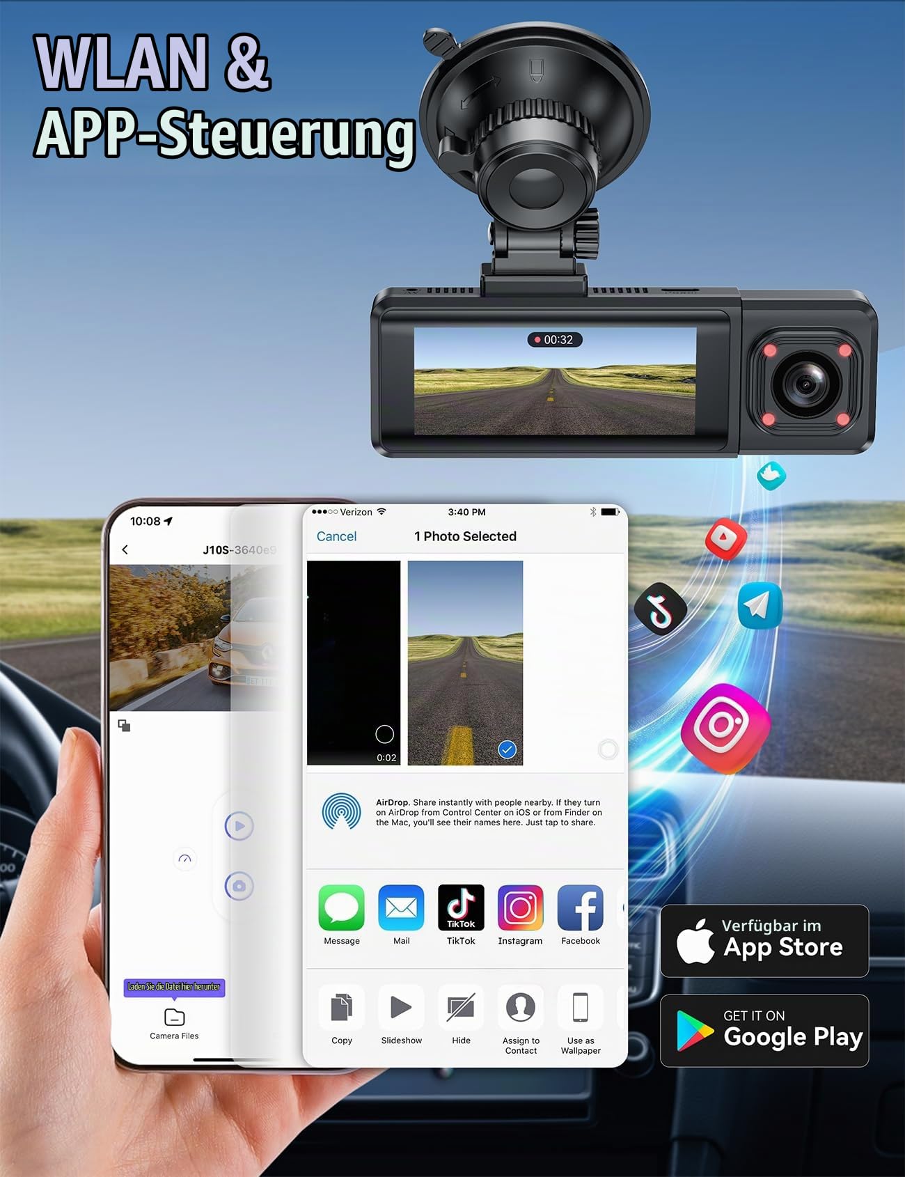 4K Dashcam Auto Vorne Hinten mit Hardwire Kit, WiFi Dash Cam mit Parküberwachung, 64GB SD Karte, 3-Kanal Auto Kamera mit Nachtsicht, 170° Weitwinkel, WDR, G-Sensor, Loop-Aufnahme, APP Steuerung