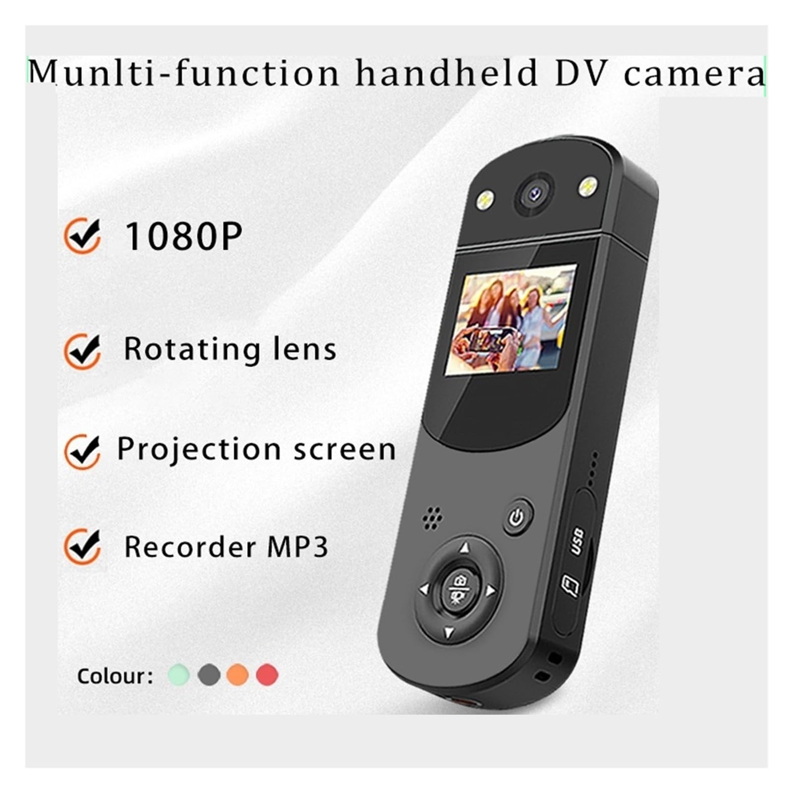 Macchina Fotografica d'azione Videocamera Portatile HD Camcoder Digitale Videocamera Posteriore Registratore di unità Visione Notturna Mini Videocamera Portatile Audio(One Cam,Orange)