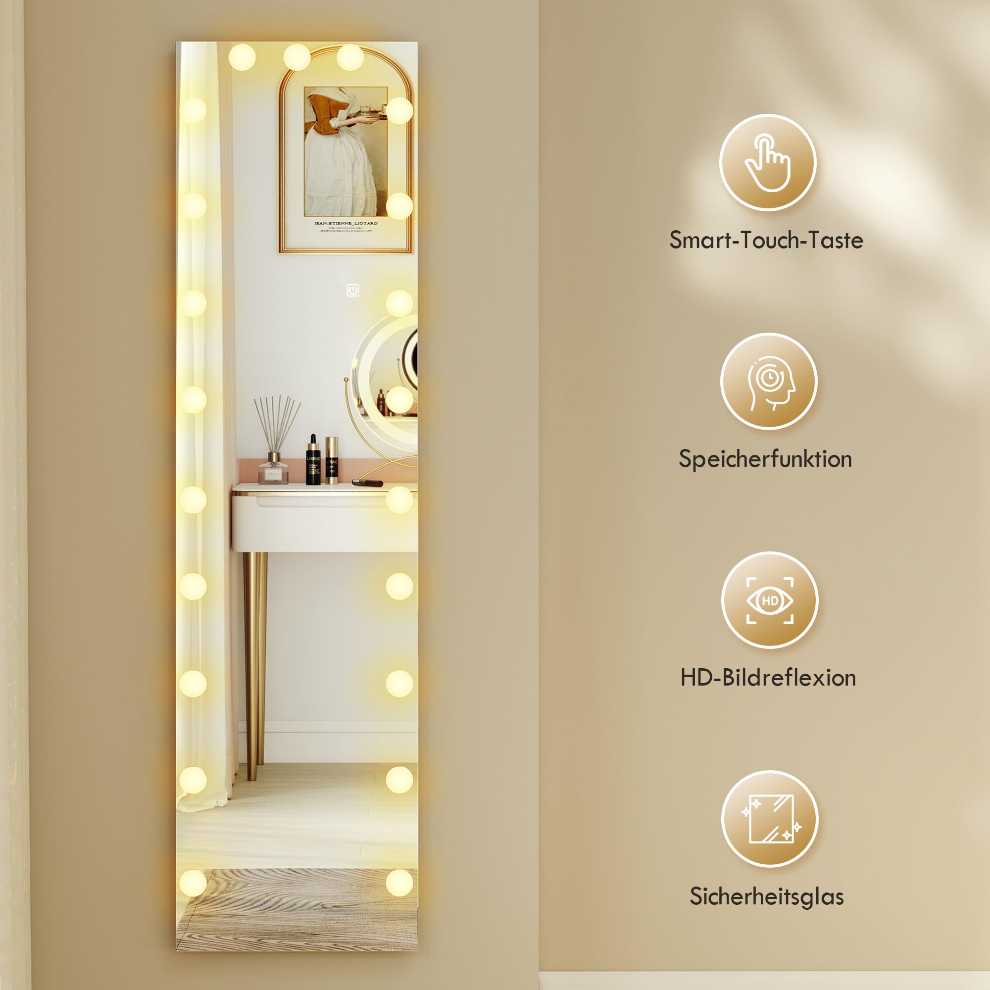 HOMCOM Ganzkörperspiegel 150 x 40 cm RGB-LED Standspiegel mit 21 Glühbirnen 7 Lichtfarbe Hollywood Wandspiegel mit Touch-Schalter, Memory-Funktion anlehnbar Spiegel für Schlafzimmer Wohnzimmer