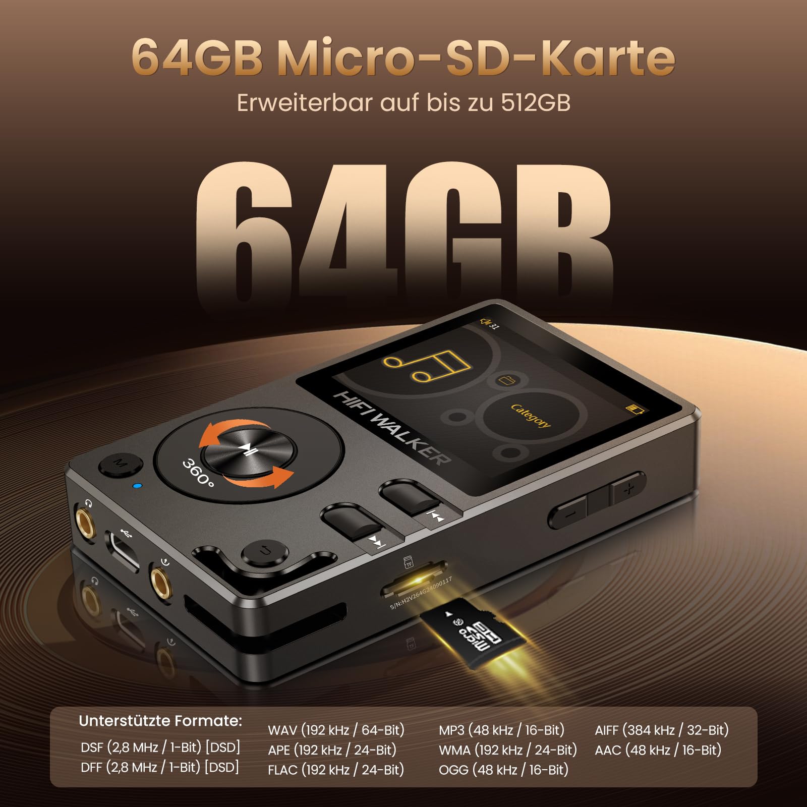 HIFI WALKER H2 MP3 Player mit Bluetooth 5.2, DSD DAC Hi-Res FLAC Verlustfreier Musikplayer, Tragbarer Digitaler Audioplayer 64GB Speicher erweiterbar bis 512 GB