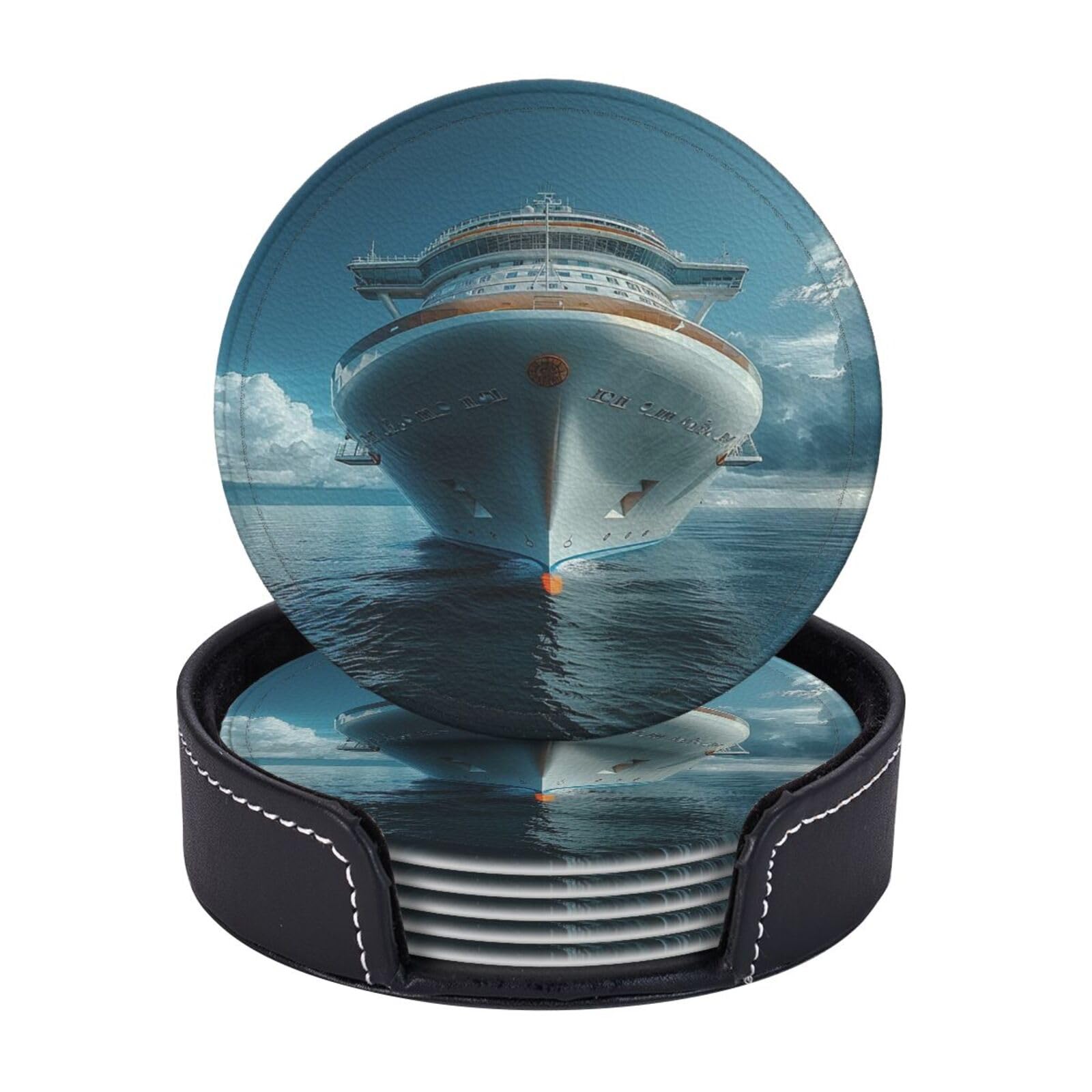 Drink Coasters 6Pcs Round Leather Coaster with Holder Cruise Ship Coasters for Drinks Coffee Cup Mat Heat Resistant Coaster for Tabletop Protection Desk Accessories Office Home Decor