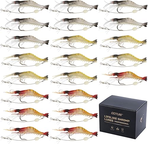 Miniatura 12 de Goture, juego de señuelos blandos de camarón luminoso para pesca en agua salada, carnada de camarón, señuelos de pesca con ganchos afilados para