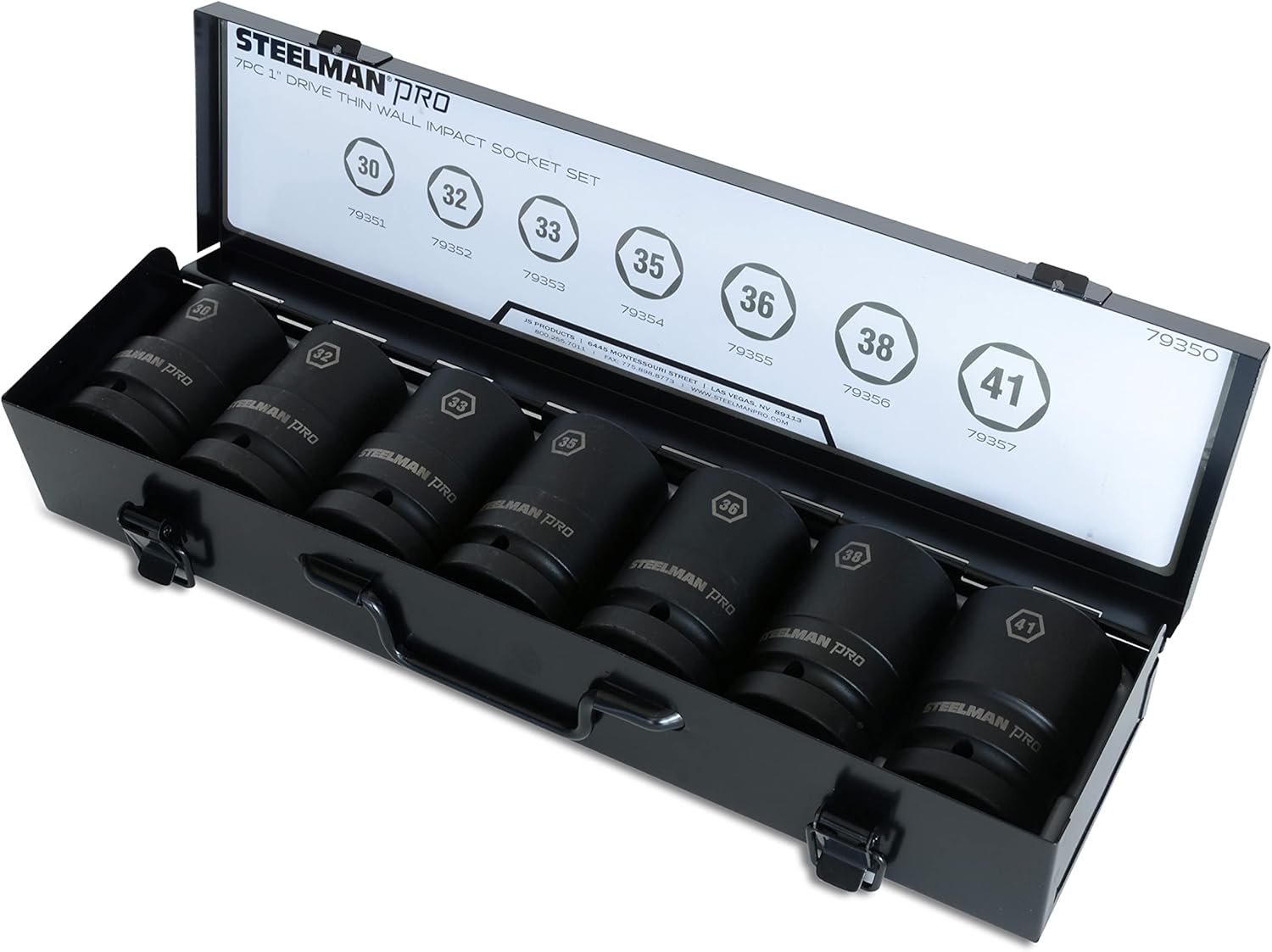 STEELMAN PRO 79350 7-Piece 1-Inch Drive 6-point Thin Wall Deep Impact Socket Set, Metric, includes 30, 32, 33, 35, 36, 38, and 41mm Sockets