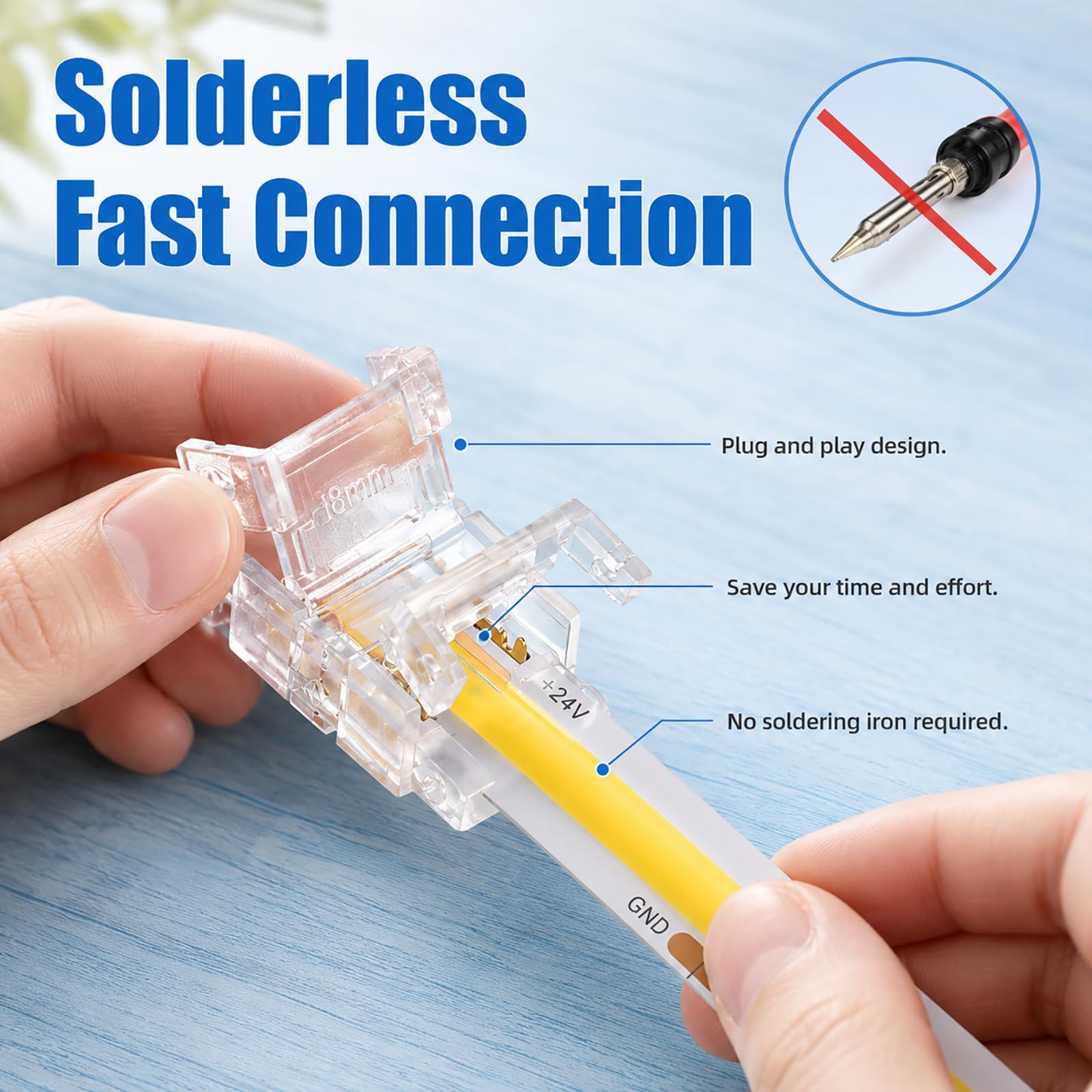 12 Stück COB LED Streifen Verbinder 2 Pin 8 mm, Set mit 8 L-Form Eckverbindern und 4 I-Form Mittelverbindern, Transparente Lötfreie Lichtband Connectoren für 5-24 V Innenbeleuchtung, Nicht IP65