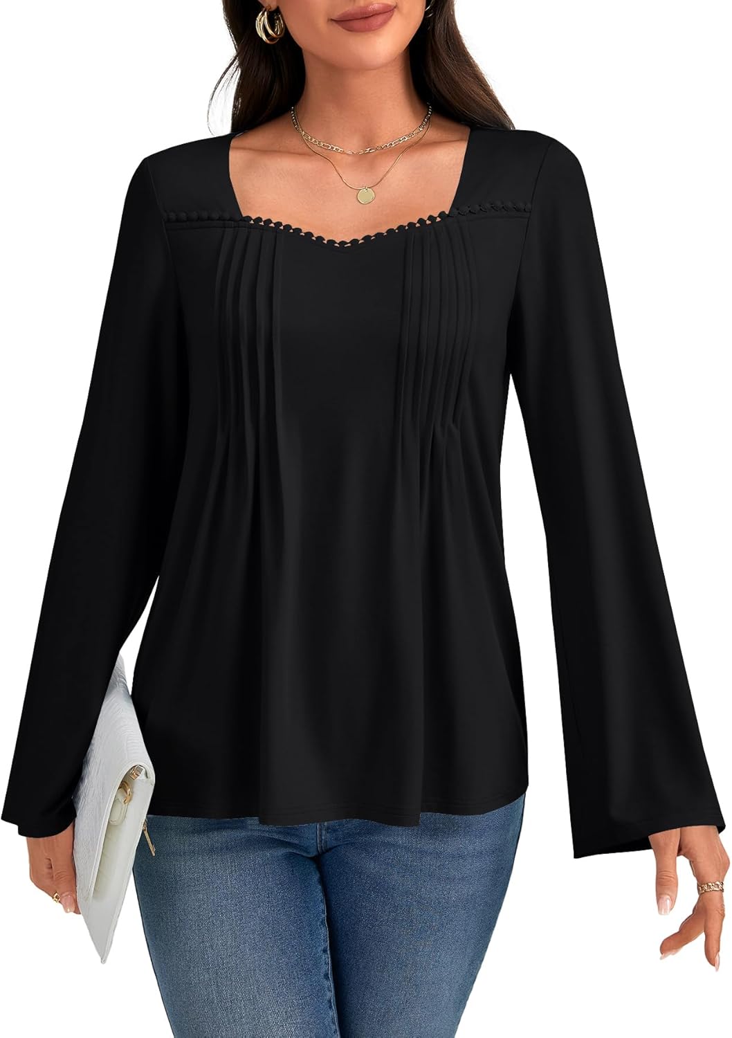 Umenlele Women's Sweetheart Neck Pleated Front Long Sleeve Casual Loose Tunic Tops Blouse - Image 2