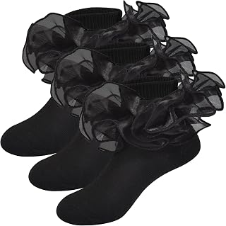 Girls Ruffle Socks Frilly Double Lace Socks Cotton Turn Cuff Socks Toddler Pageant Socks for Girls 3/6 Pack