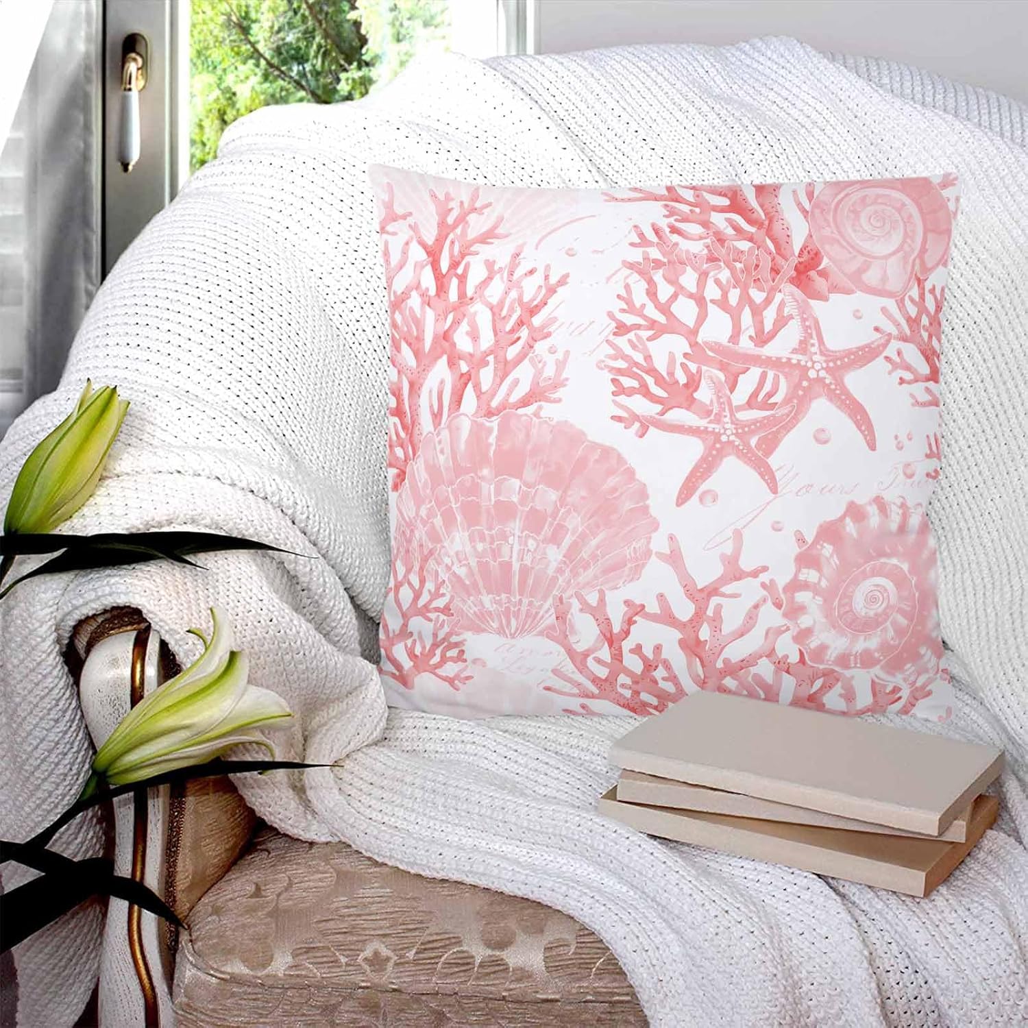 T&H XHome Throw Pillow Covers 26 x 26 Inches Set of 2 Pink Ocean Coral Beach Starfish Shell Seashell Farmhouse Decorations Cushion Cover Zippered Square Pillowcase for Bedroom Living Room Sofa Couch