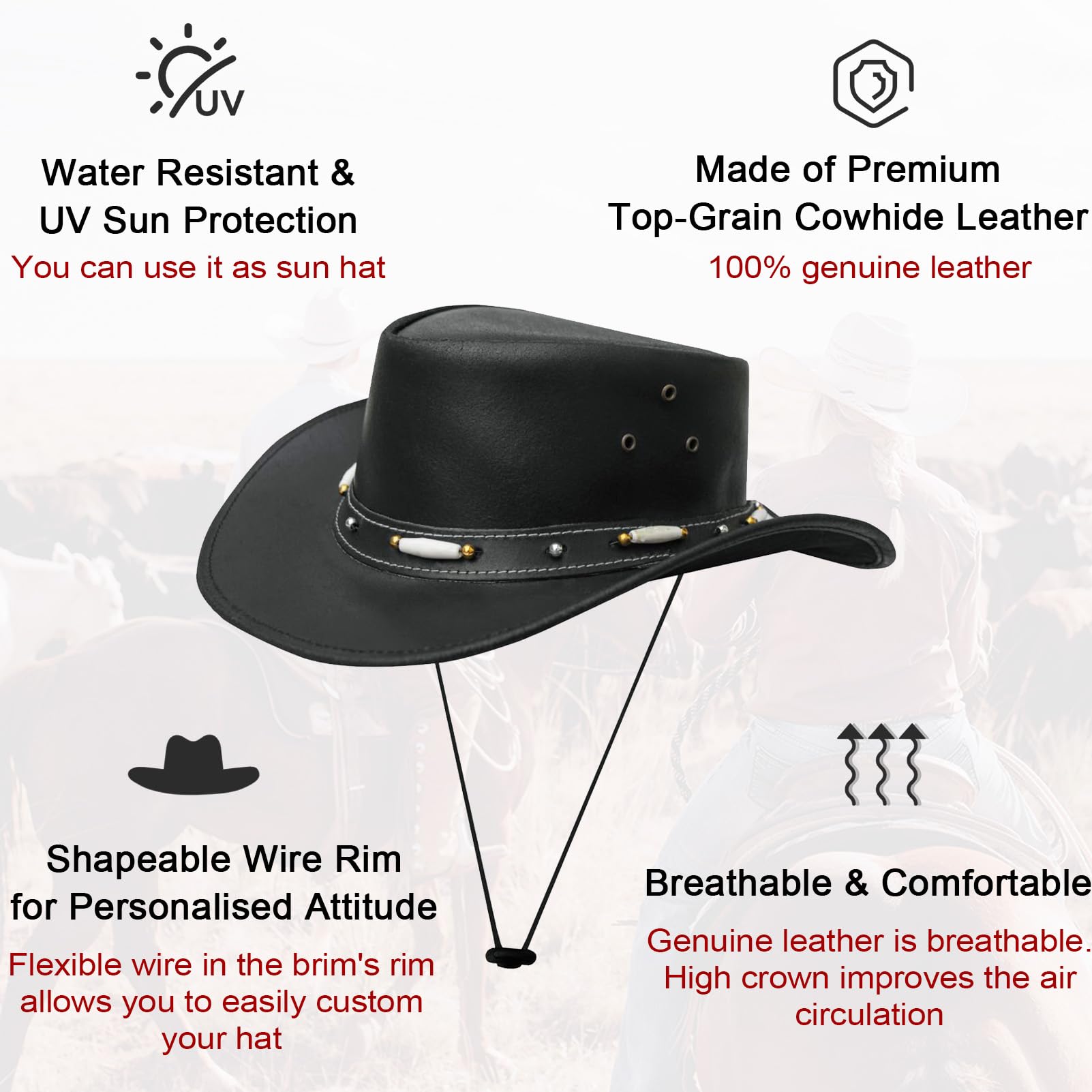 Dream Apparel Black Leather Cowboy Hat for Men Women Western Australian Outback Hat with Shapeable Wide Brim, Aussie Style Leather Hat, Size 2XL