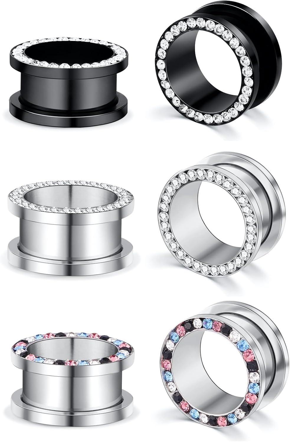 YOFANST 6pcs Double Flare Stainless Steel Ear Plugs Tunnels with Zircon Ear Gauges Stretcher Body Piercing Jewelry for Women Men 8g-9/16