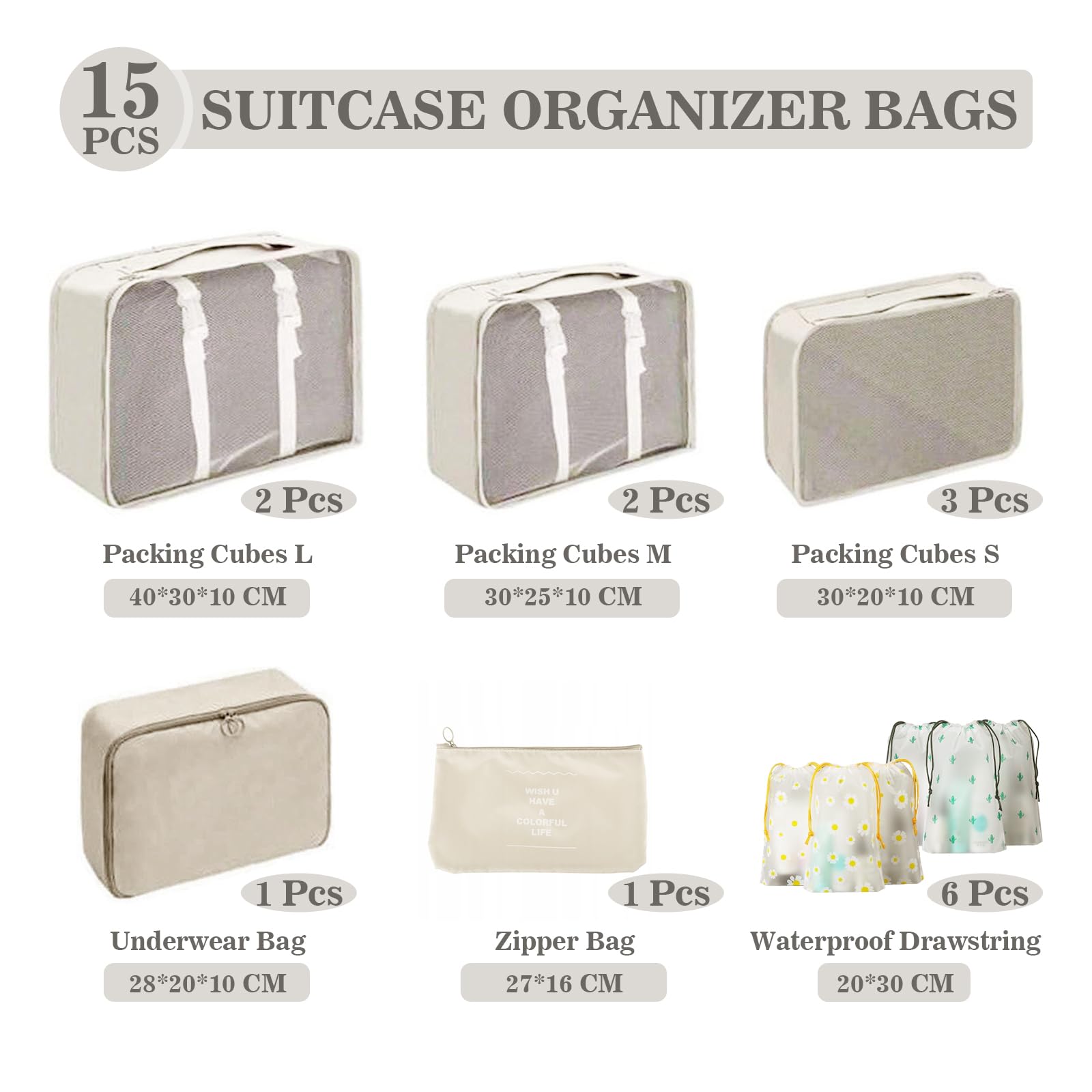 GIBOHOM Organizer Valigia, 15 Pezzi Set Organizer per Valigia, Packing Cubes per Vacanze e Viaggi, Divisori Valigia con Tasche Trasparenti, Beige