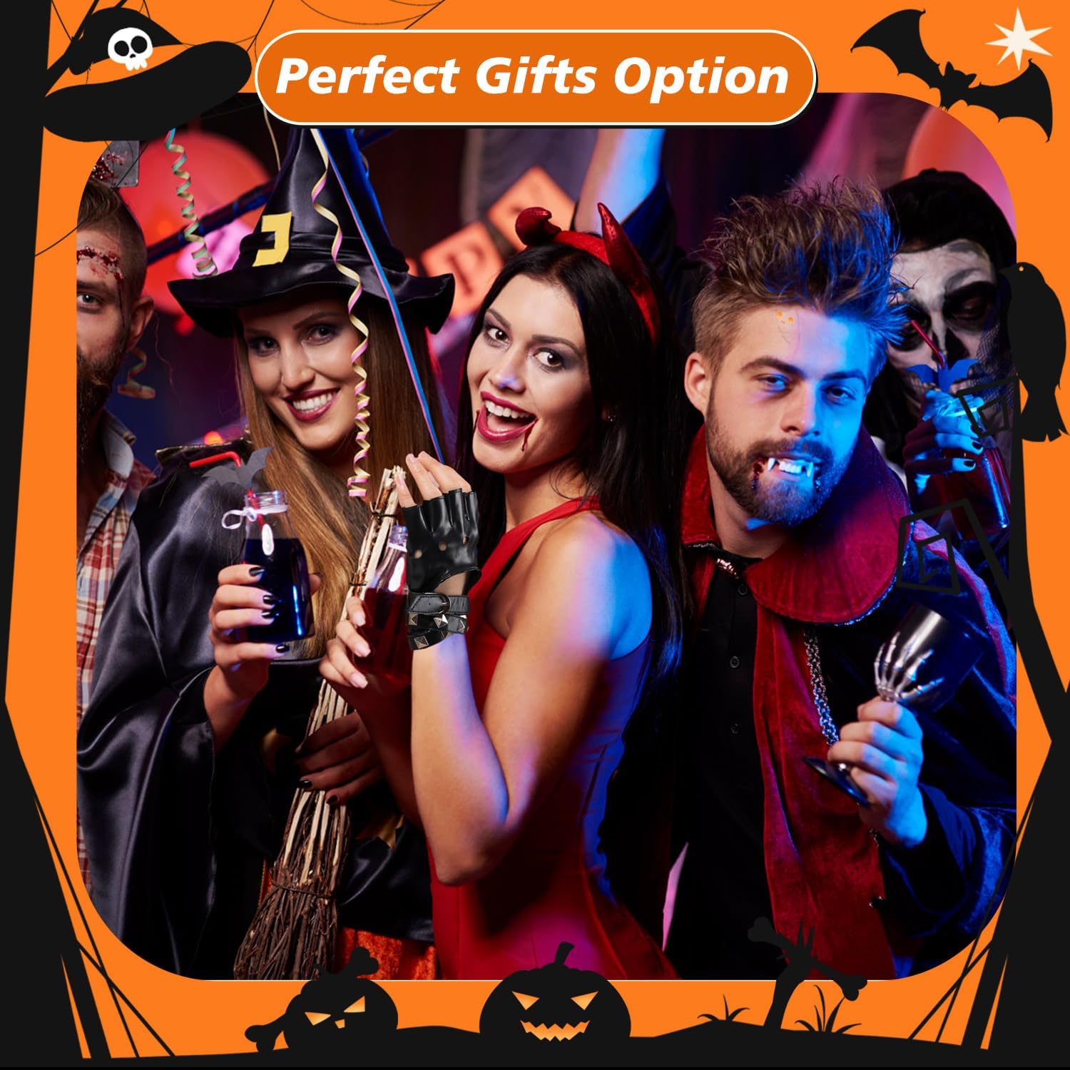 FAYBOX Black Leather Fingerless Gloves for Women Teens, Halloween Costume Accessories Belt Up Half Finger Gloves - Image 6