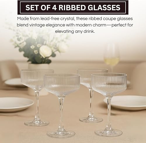 Miniatura 3 de Juego de 4 vasos de copa vintage acanalados de 11 onzas, 100% cristal, copa de Martini única, cristalería de cóctel clásica, juego de vasos de bar
