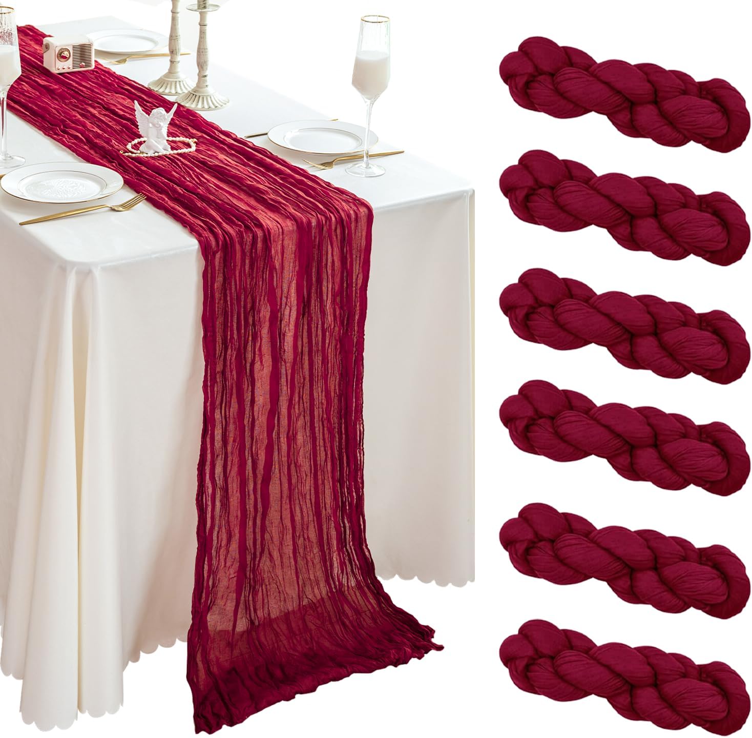 6 Pieces Burgundy Cheesecloth Table Runner 10ft, Boho Gauze Fabric Table Runner for Wedding Bridal Baby Shower Spring Table Birthday Decor