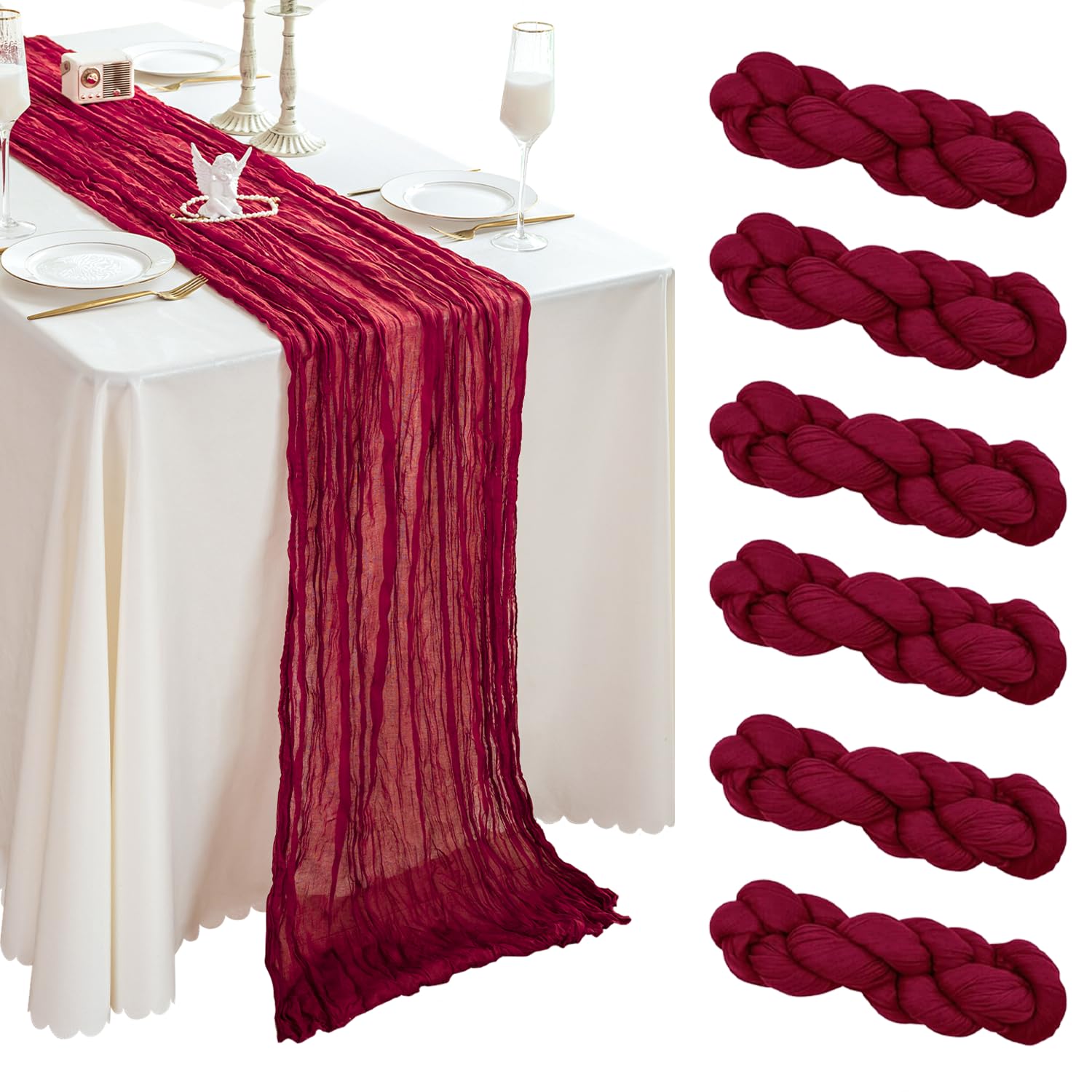 6 Caminos de Mesa de Gasa borgoña de 10 pies, Camino de Mesa de Tela de Gasa Bohemia para Boda, Novia, Baby Shower, Mesa de Primavera, decoración de cumpleaños