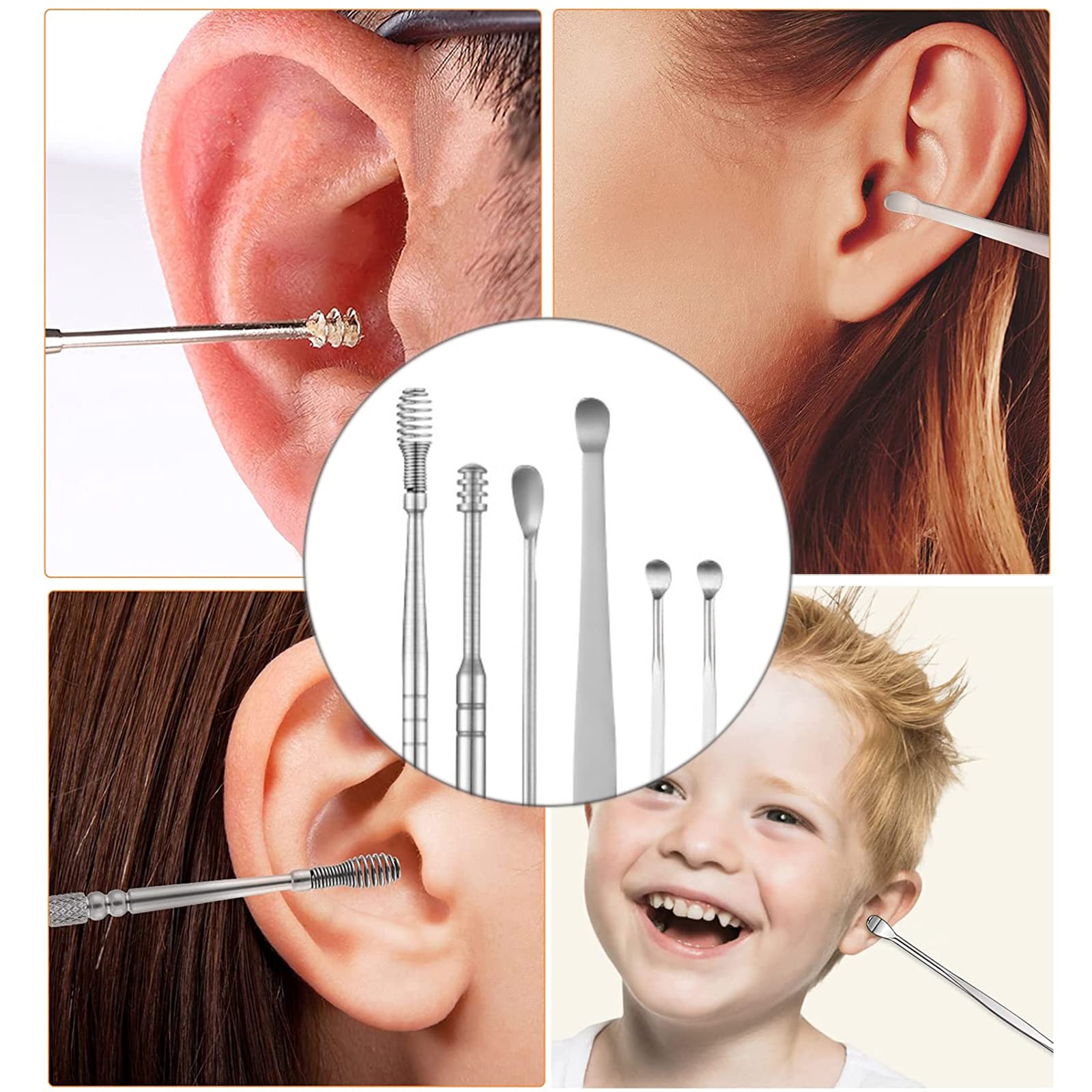 Pulisci Orecchie, [7 Pezzi] Kit di Rimozione del Cerume, Strumenti per Pulizia dell’Orecchio in Acciaio Inox, con Custodia Portatile in PU, per Adulti e Bambini Pulizia Dellorecchio