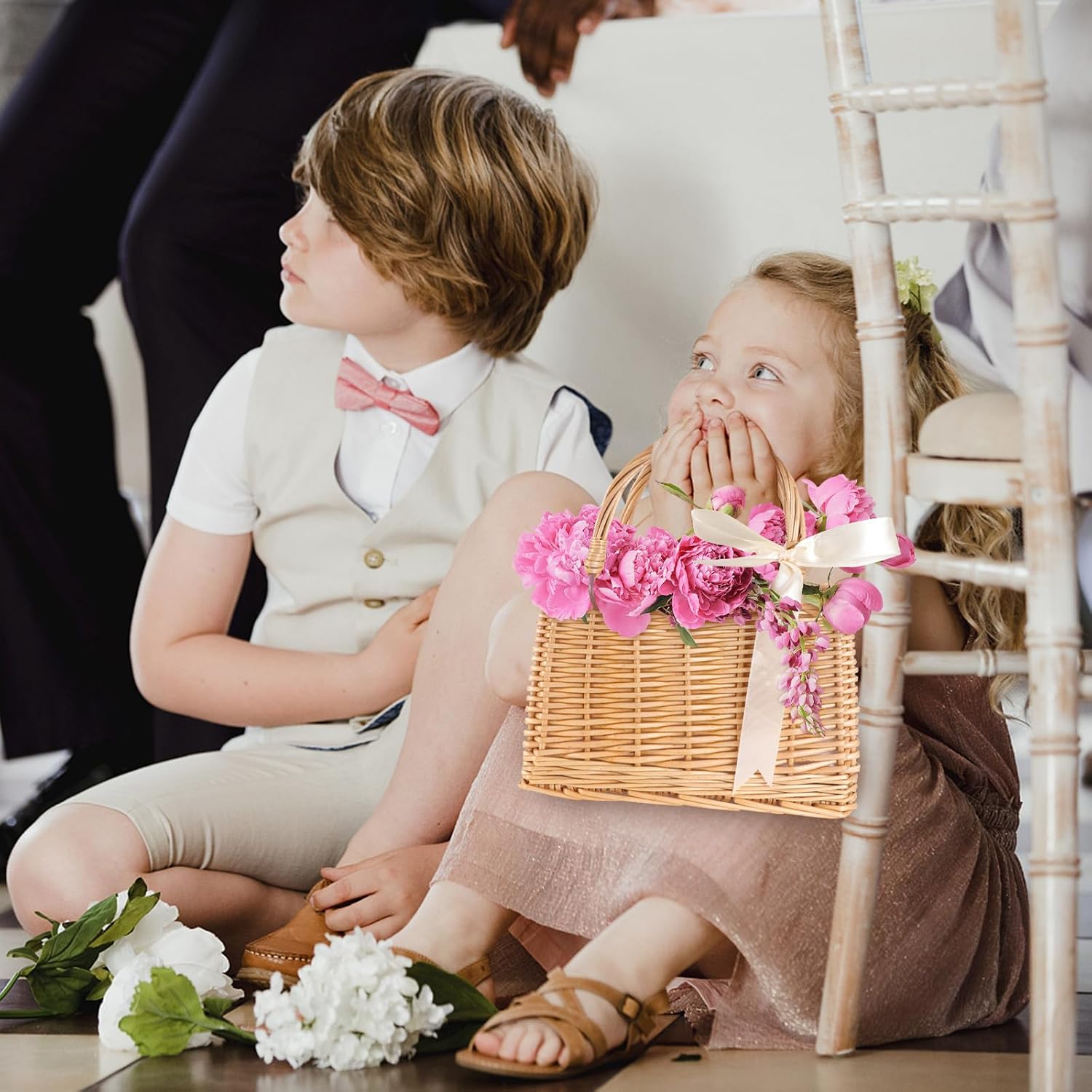 Rattan Woven Basket with Handle Decorative Flower Storage Container Portable Wicker Basket for Wedding, Home Organization, and Flower Arrangements with Ivory Bow image 5