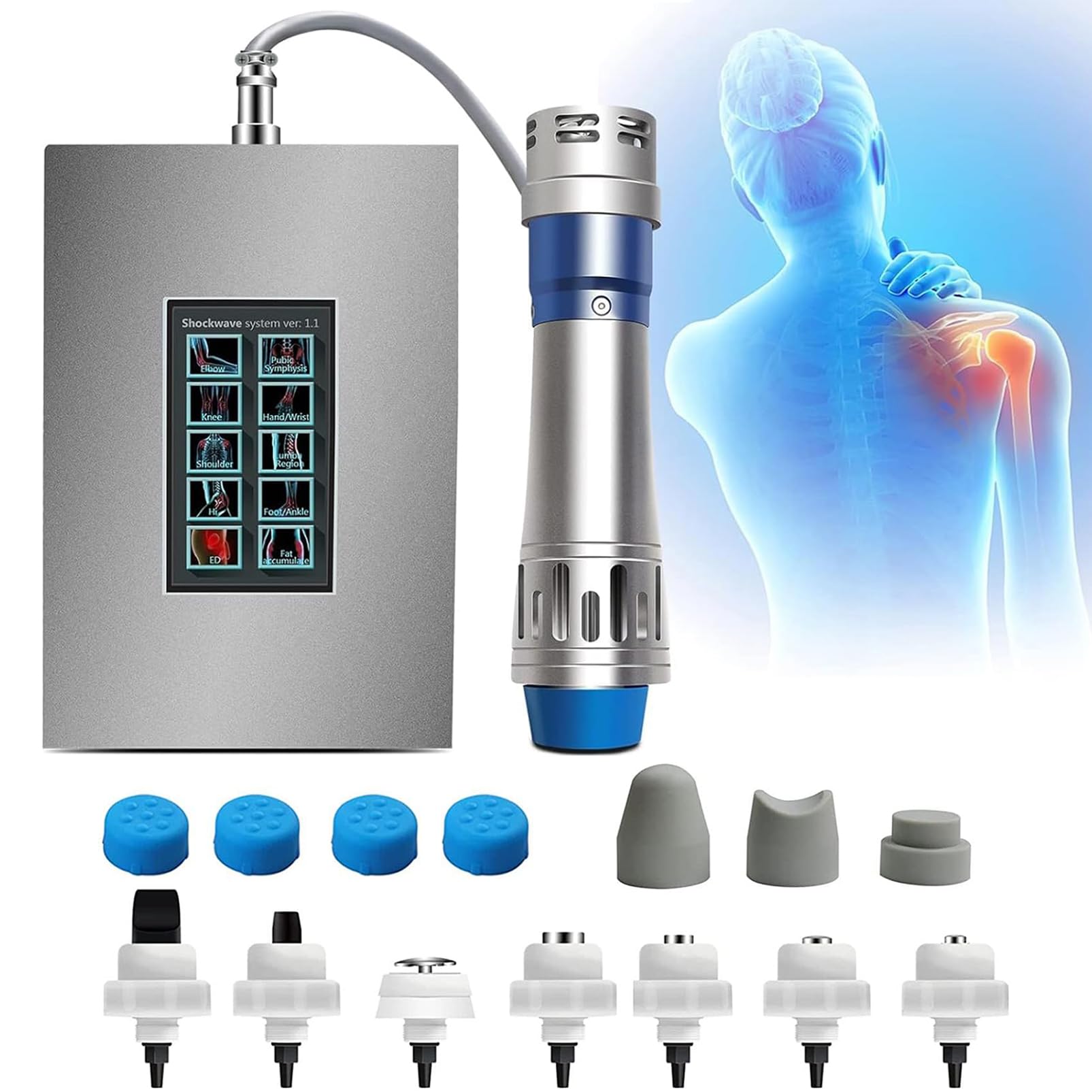 Dispositivo per terapia ad onde d'urto multifunzione per la rigenerazione dei tessuti muscolari e ossei, massaggiatore per muscoli del corpo con 7 teste per alleviare dolori articolari e muscolari