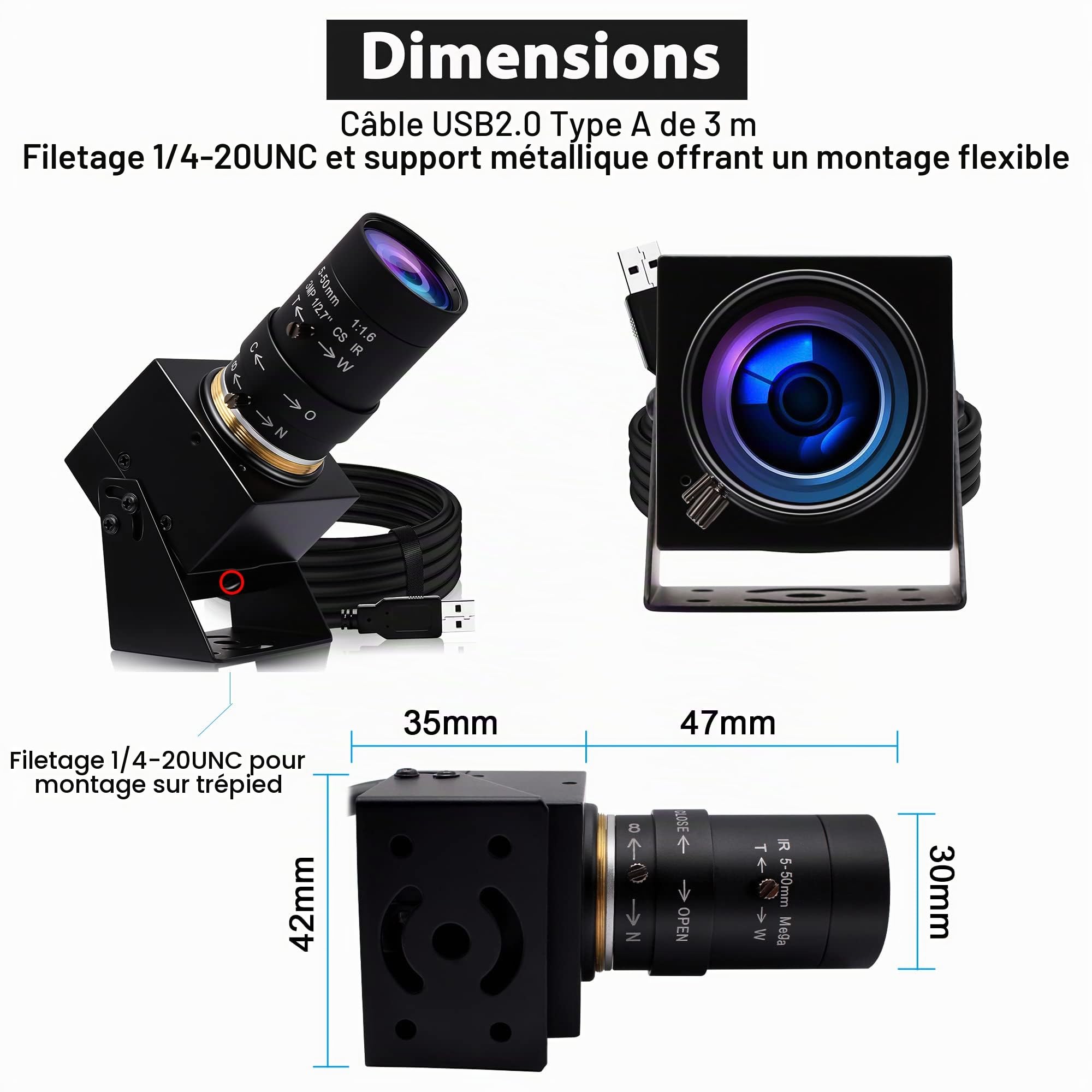 Svpro Webcam USB 8 MP avec mise au point variable 5-50 mm CS Mount Objectif 10X Zoom in et Out Caméra externe pour ordinateur portable, PC, caméra UVC Plug and Play 2448P