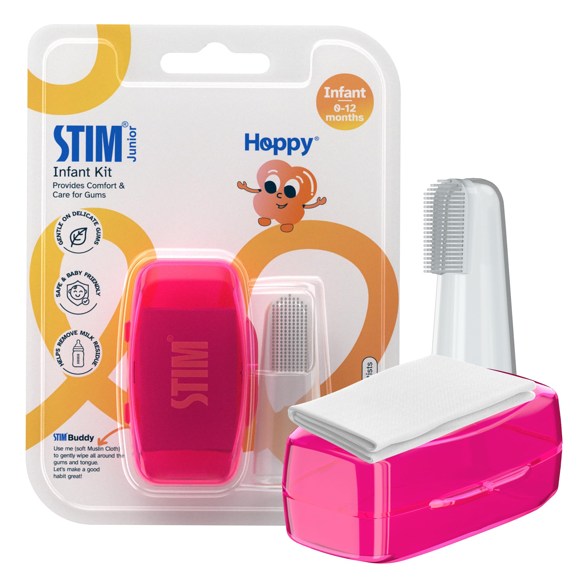 STIM Junior Infant Kit | BPA Free Soft Silicone Finger Brush | 0 to 12 Months | Protective Case | Muslin Cloth | Safe & Baby Friendly | Great for Massaging & Cleaning Gums (Pink)