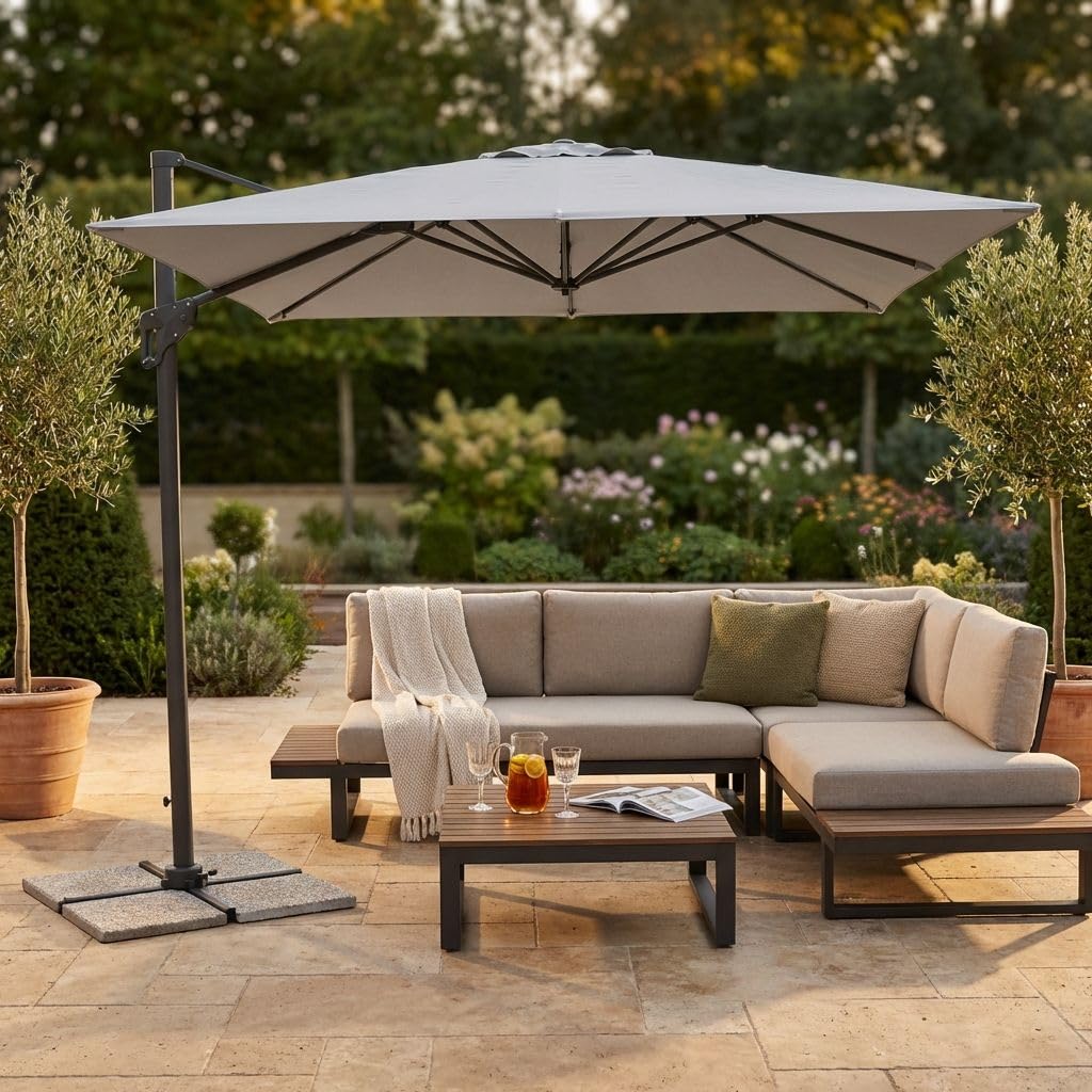 milani home - ombrellone da giardino 3 x 4 m palo laterale decentrato in alluminio e acciaio, telo poliestere grigio chiaro e grigio scuro, per terrazzo e piscina