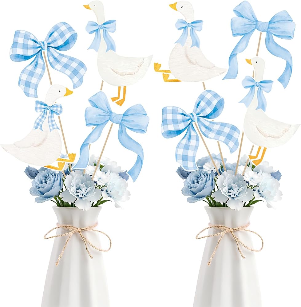 12Pcs Silly Goose Centerpiece Sticks with Blue Bow, Double Sided Watercolor Goose Table Toppers Centerpieces for Baby Shower, First Birthday Party Decorations, Boy Animal Theme Table Decor