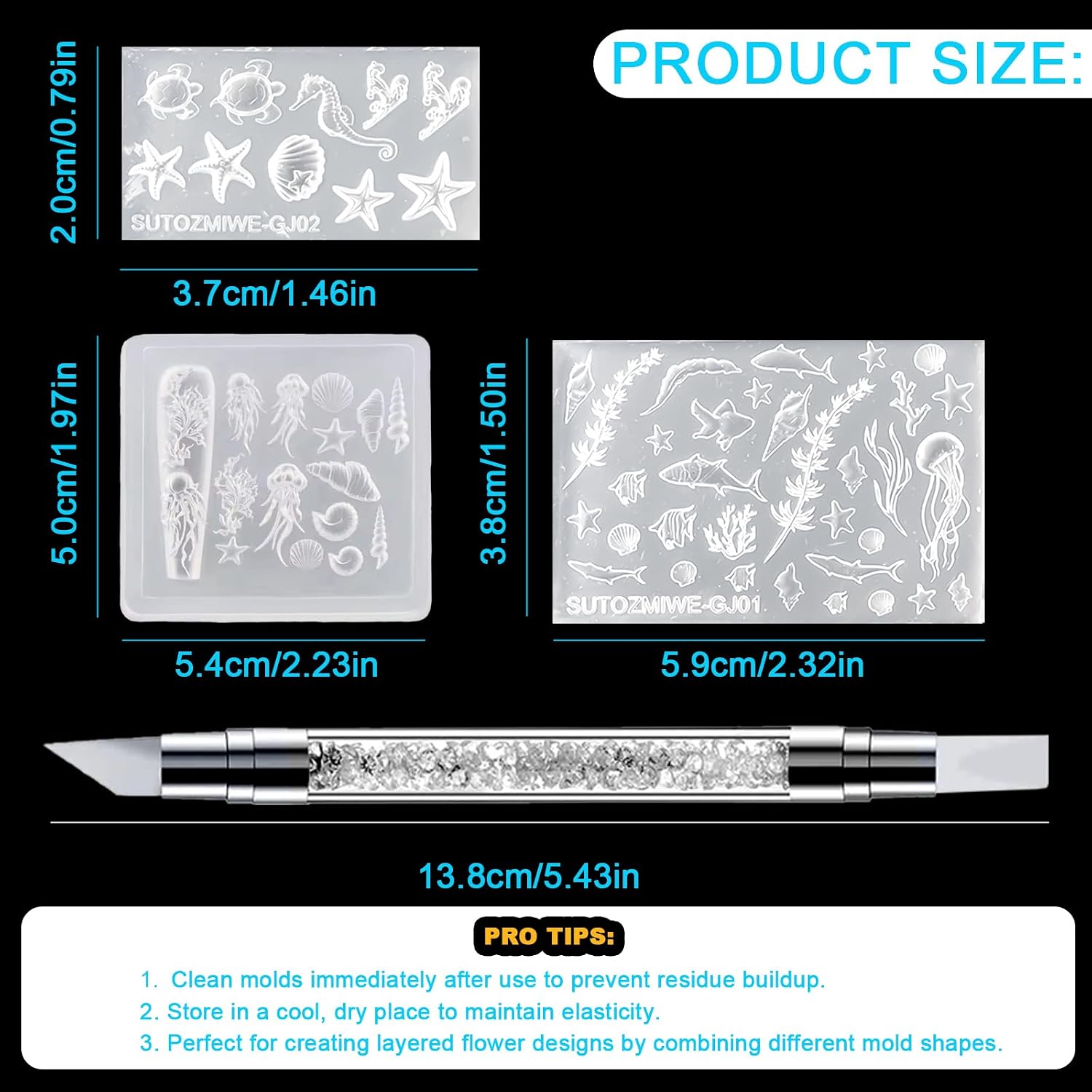 3PCS Ocean Nail Molds - (Shell, Starfish, Conch, Turtle, Jellyfish, Whale) Silicone Nail Art Molds, Beach Nails Design, Sea Nail Charms Mold Carving Template for Summer Manicure Supplies
