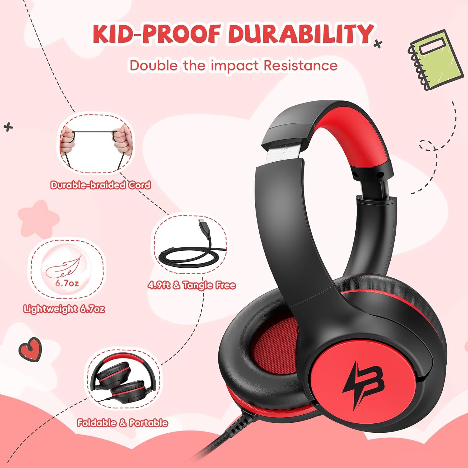 USB C Kids Headphones Wired with Mic, 85/94 dB Volume Limit, Over Ear Headphones for Kids Boys Girls, Foldable Stereo Sound Wired Headphones for School/Tablet/Travel, Black Red - Image 6