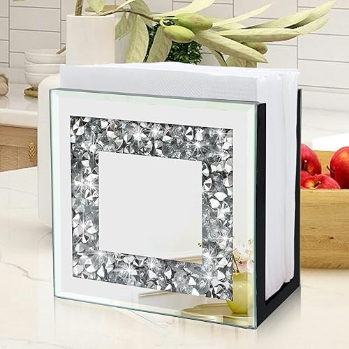 Miniatura 8 de Servilletero con espejo, soporte vertical de diamante triturado de cristal, bonito soporte de servilleta de espejo de vidrio para mostrador o mesa.
