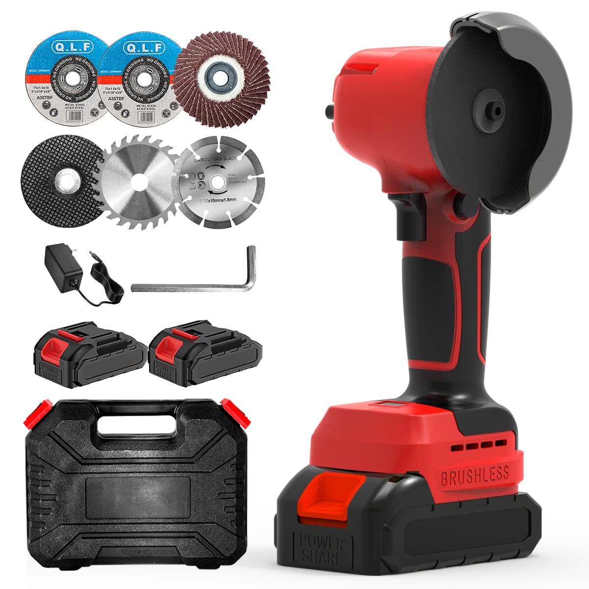 Brushless Cordless Angle Grinder Kit, 28000rpm Mini Electric Angle Grinding Tool with 2x21V 2000mAh Battery and 6-Cutting Discs, Grinder Handheld Cutter for Metal Wood