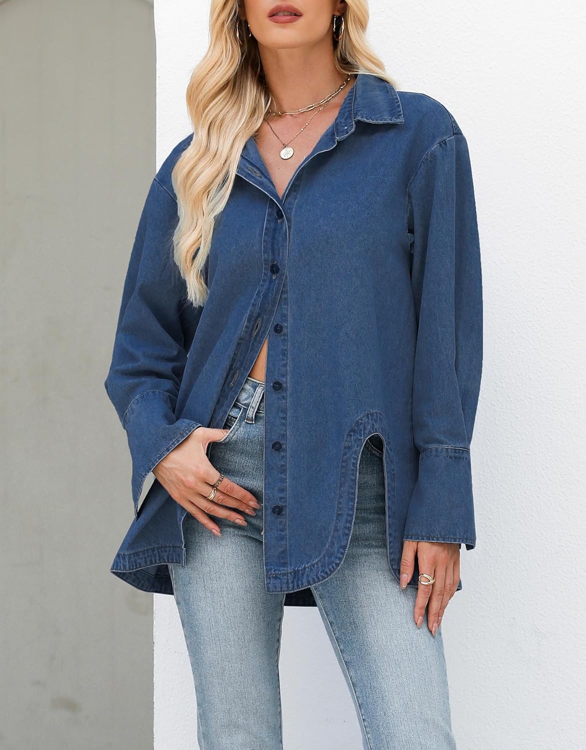 Kedera Womens Button Down Denim Shirts Casual Long Sleeve Jean Shacket Jacket Oversized Chambray Blouse Top - Image 5