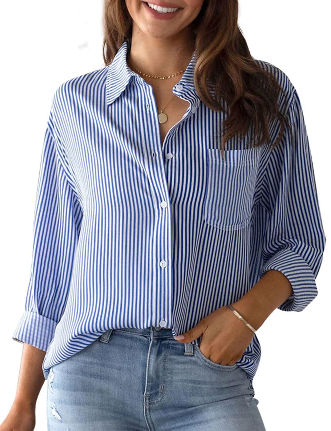 hathneWomen's Button Down Striped Shirts Casual V-Neck Long Sleeve Stripes Business Blouses with Pocket