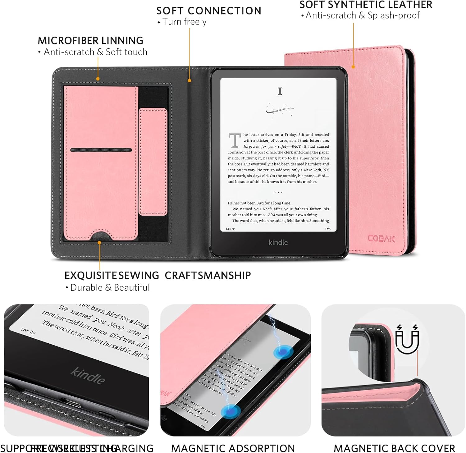 CoBak Stand Case for 7" Kindle Paperwhite 12th Gen 2024 and Kindle Colorsoft with Hand Strap - Compatible with iPhone MagSafe, for Samsung/Belkin/Anker Wireless Charging Pads, Durable, Auto Sleep Wake