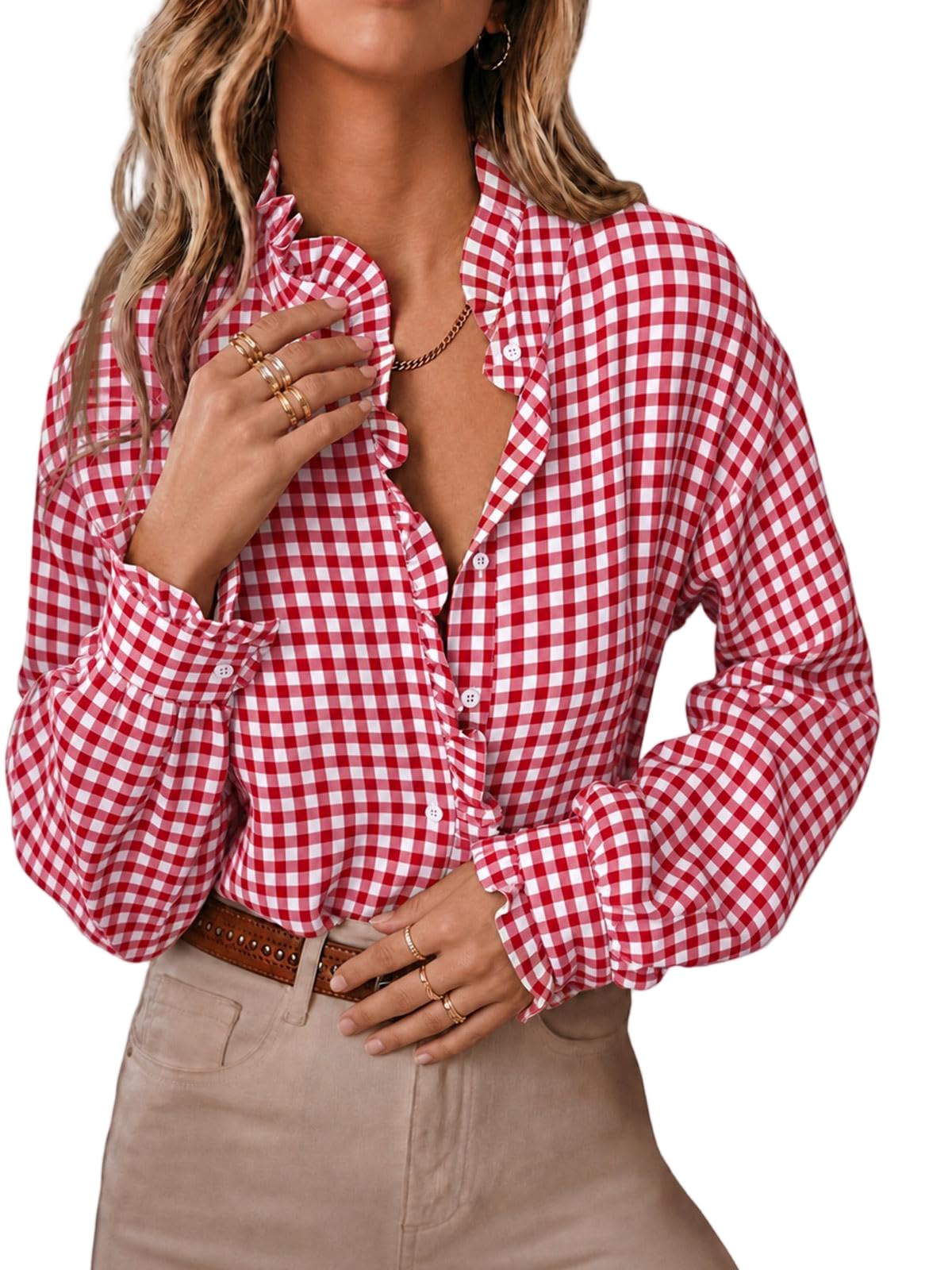 Cicy Bell Damen Kariertes Bluse Rüschen Casual Tunika | V-Ausschnitt, Langarmshirt, Elegant,Oberteile, Baumwolle, Button down