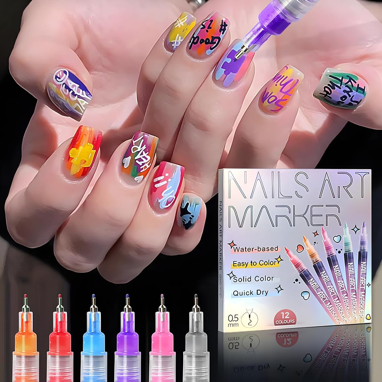 Stylo Dessin Ongles Set, 12 Couleurs Marqueur Nail Art à Base d'Eau, Pointe Fine pour Graffiti et Lignes, Outil de Décoration DIY, Déco Ongle Professionnelle